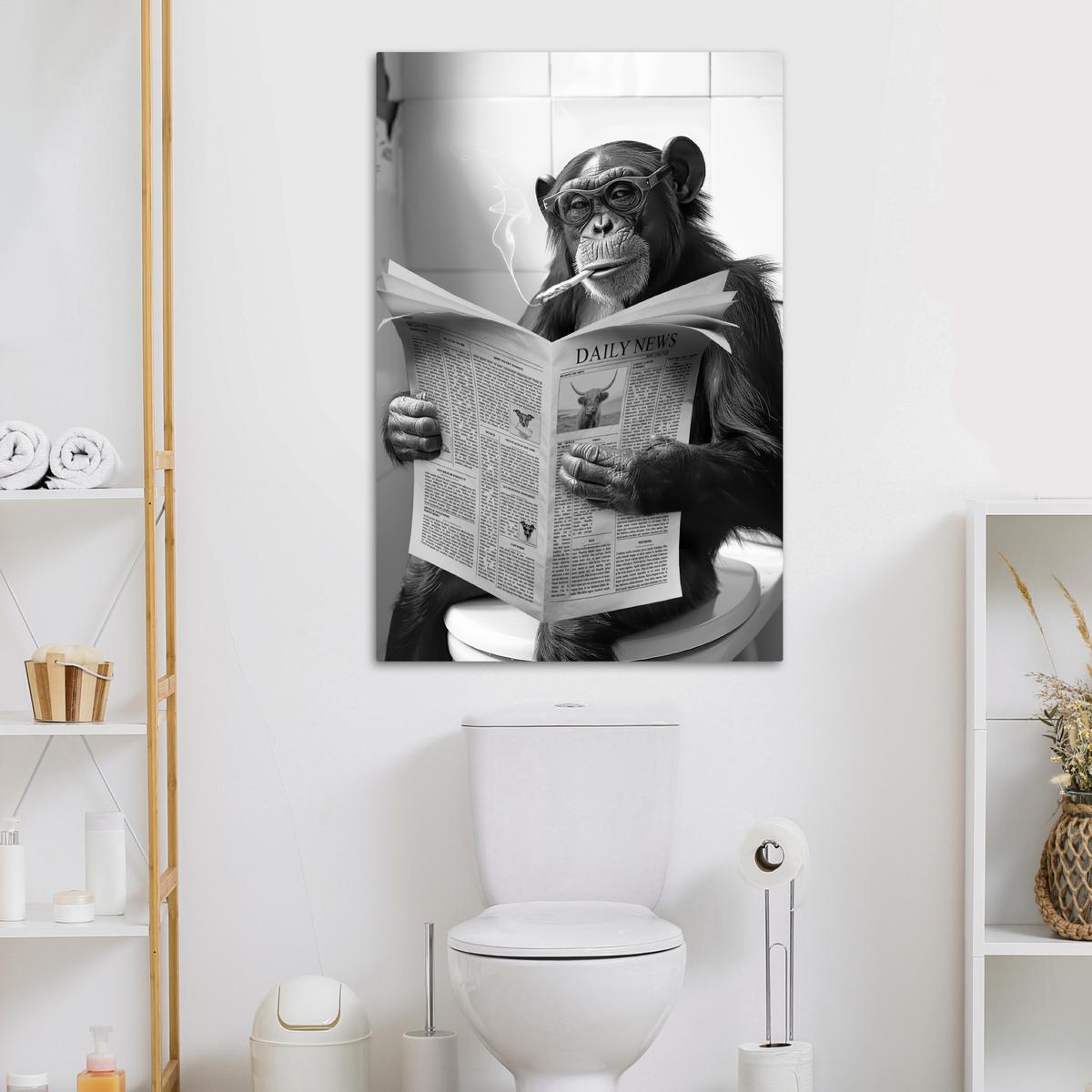 LEINWANDBILD Affe - WC - Zeitung - Schwarz-Weiß - Humor Deko XXL 80x120 cm - Hellgrau, Textil (80/120cm) - MuchoWow