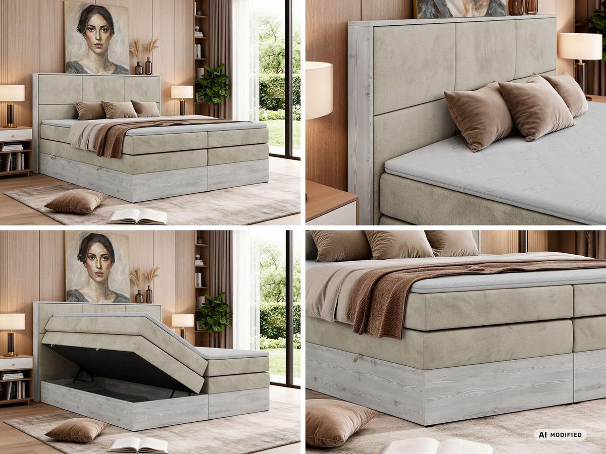 BOXSPRINGBETT DELNOR KING 140/200 - Beige Velvet - Topper Visco - H3 - Beige/Schwarz, Kunststoff/Textil (140/200cm) - MKS
