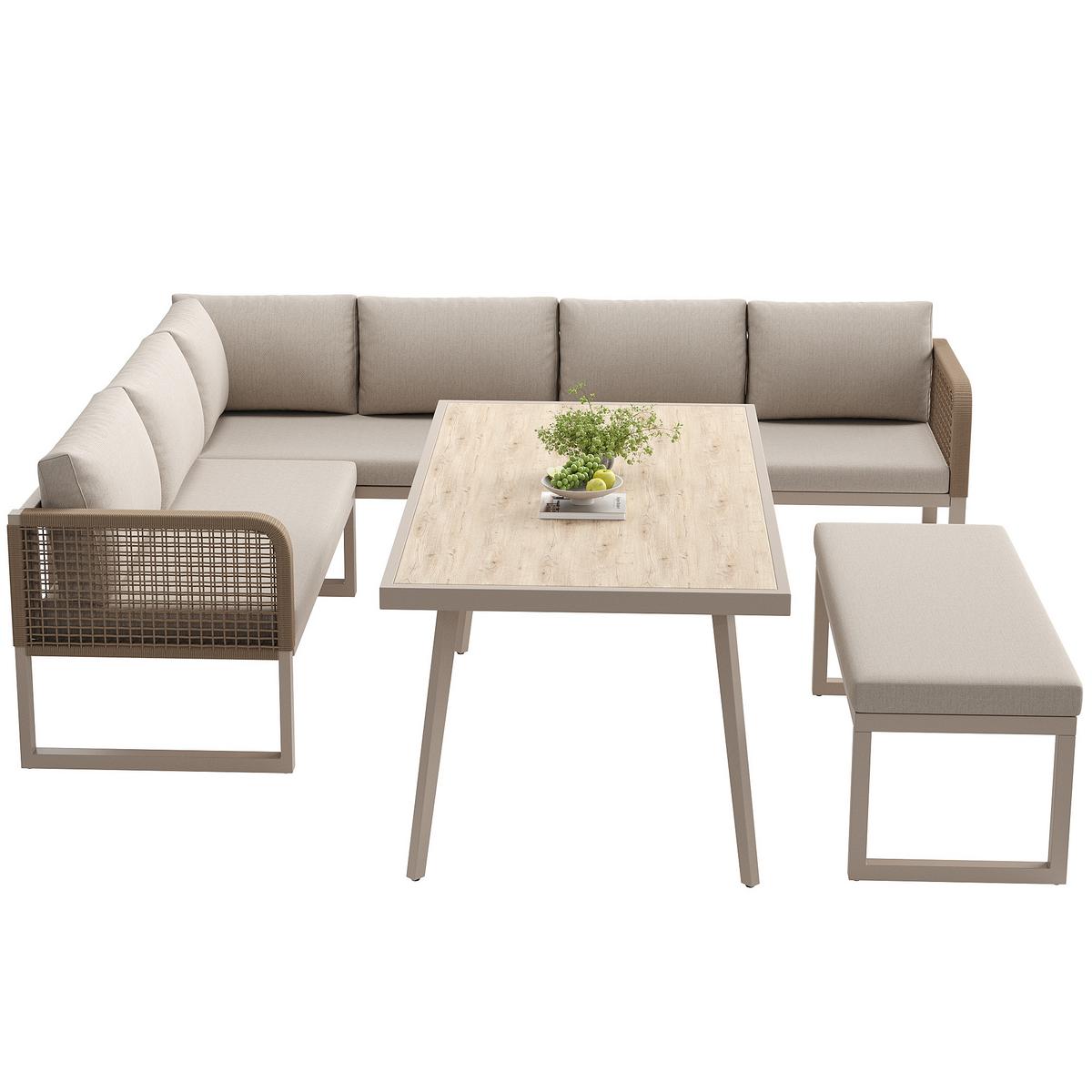 LOUNGEGARNITUR PE-Rattan Beige Ecksofa mit Tisch & Bank - Beige, Metall - Urban Meuble
