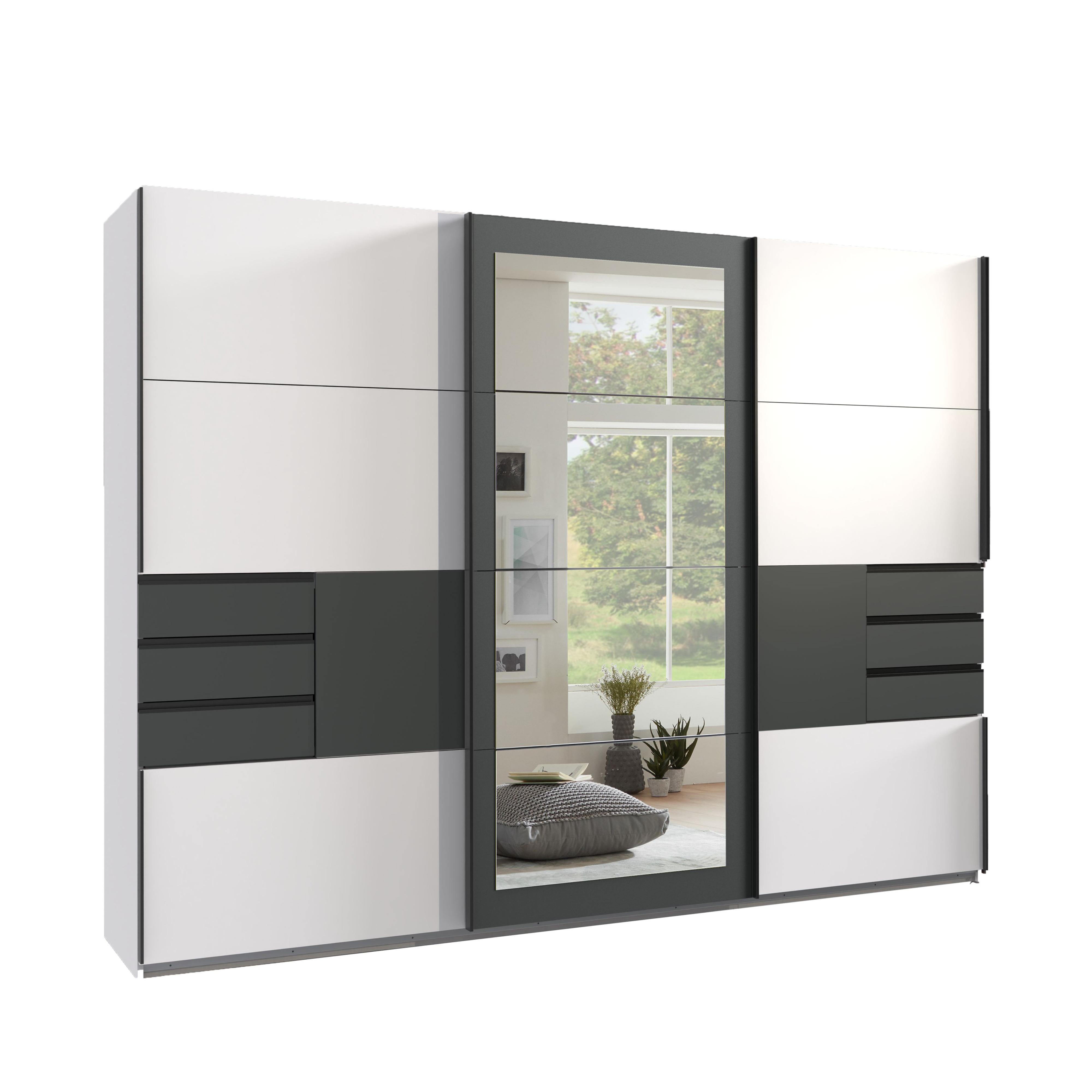 SCHWEBETÜRENSCHRANK 3-türig B270/H208/64 cm in Weiß mit Absetzungen in Grafit, Spiegel & Schubladen, Kleiderschrank inkl. Vollausstattung / 22502 - Blau/Graphitfarben, Holzwerkstoff/Metall (270/208/64cm) - luma-home