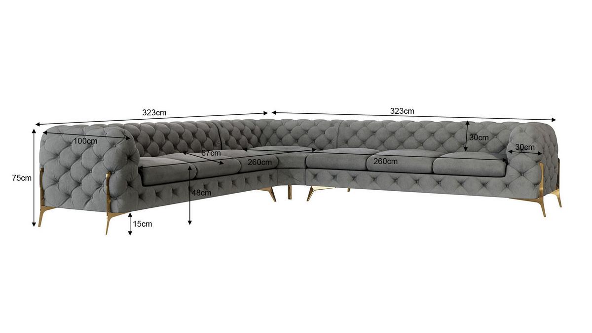 ECKSOFA Chesterfield Lexi Grau Samt - Goldfarben/Grau, Holz/Textil (323/323cm) - S-Style