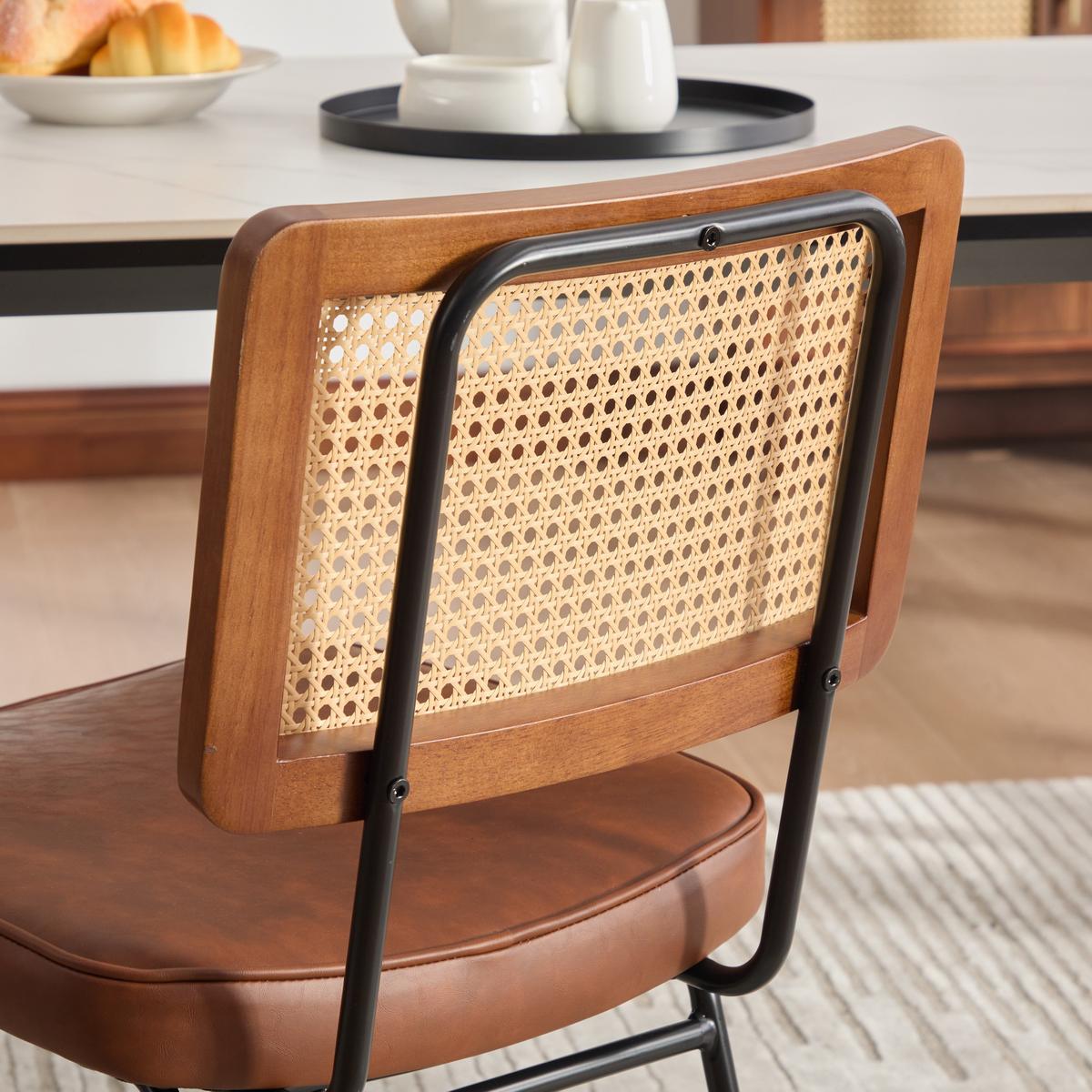 ESSZIMMERSTUHL 2er-Set Vintage PU-Leder Rattan-Optik Holz & Metallfüße - Braun, Leder (47/82/58cm) - Urban Meuble