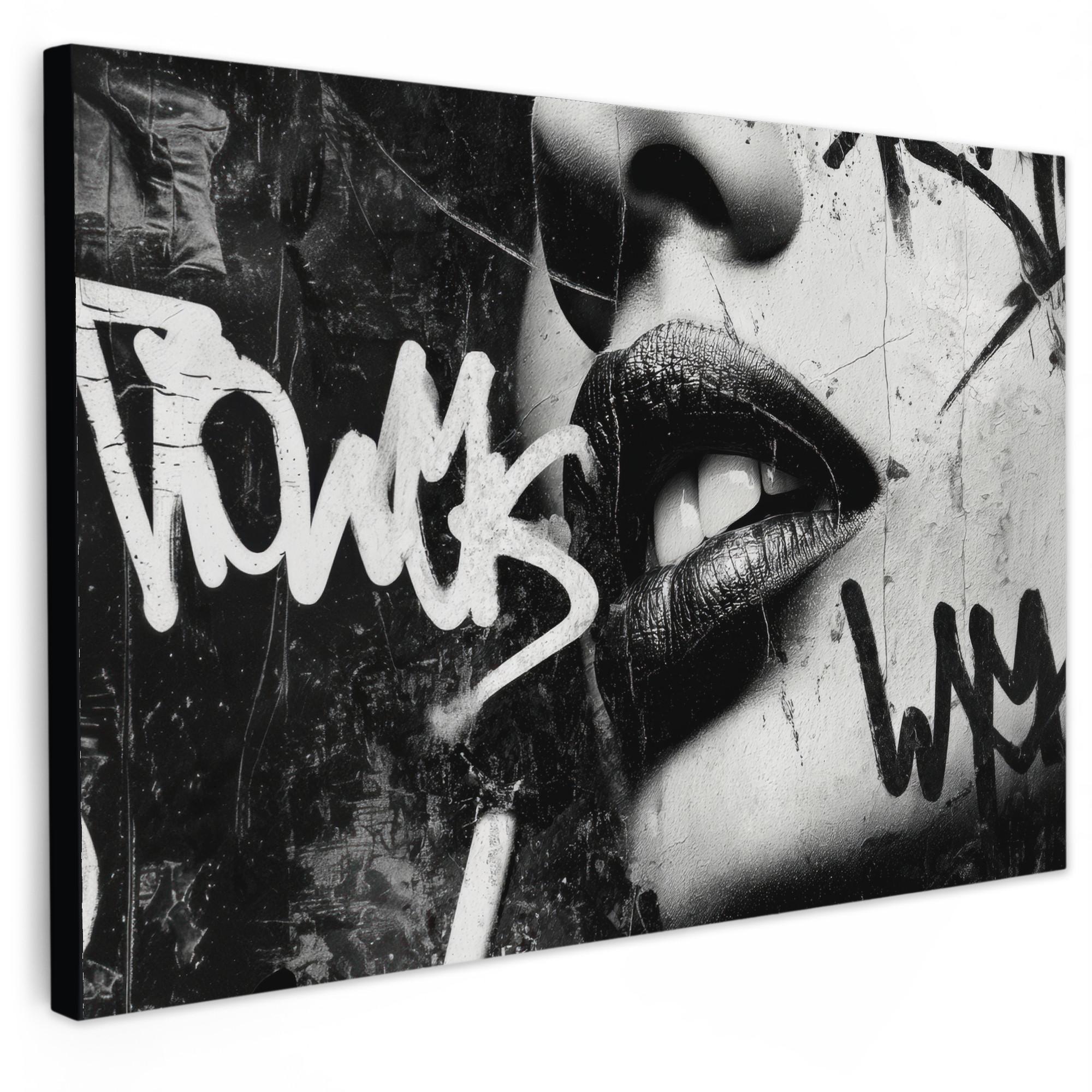 LEINWANDBILD Gesicht - Mund - Graffiti - Schwarz Wohnzimmer Groß 120x80 cm - Schwarz, Textil (120/80cm) - MuchoWow