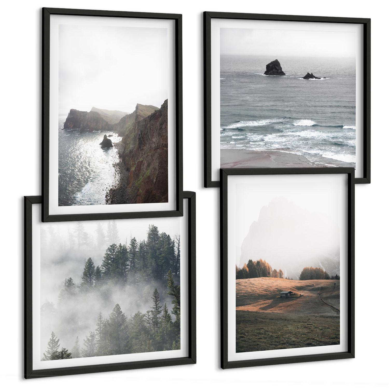BILDER SET 4er Set - 50x50 cm & 40x60 cm Schwarzer Rahmen - Landschaften aus Bergen und Meer - Schwarz, Kunststoff (50/50cm) - TULUP
