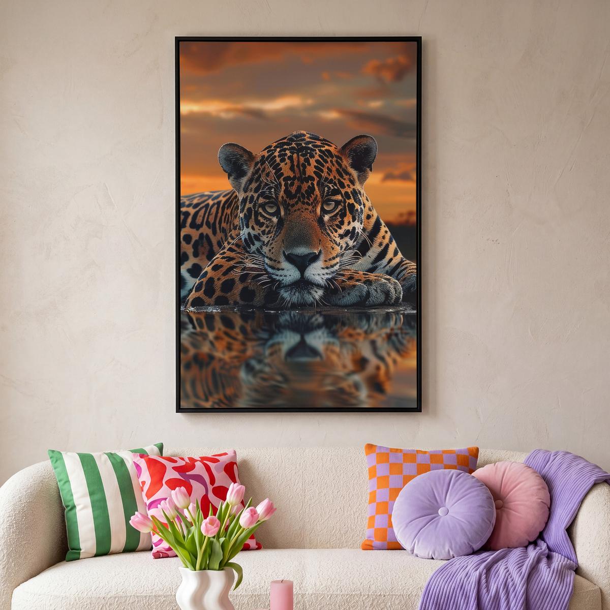 LEINWAND Bilder mit Rahmen - Natur - Leopard - Tier - Sonnenuntergang - Modern - 80x120 - Orange, Textil (80/120cm) - MuchoWow