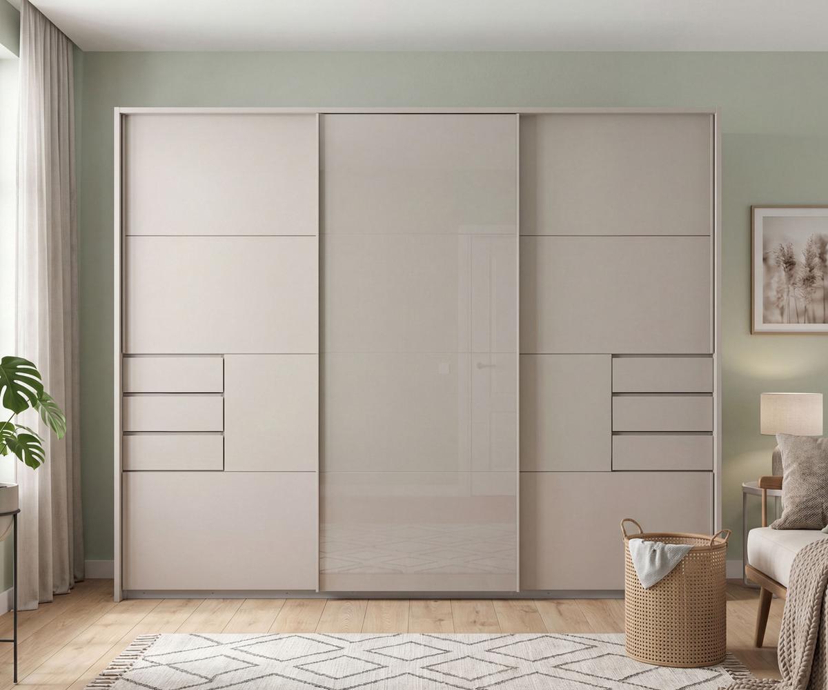 SCHWEBETÜRENSCHRANK 3-türig B273/H213/T64 cm, Beige Grau/ Mitteltür Glas, Passepartout-Kleiderschrank mit Schubladen & Vollausstattung, / 22622 - Beige, Holzwerkstoff/Metall (273/213/64cm) - luma-home
