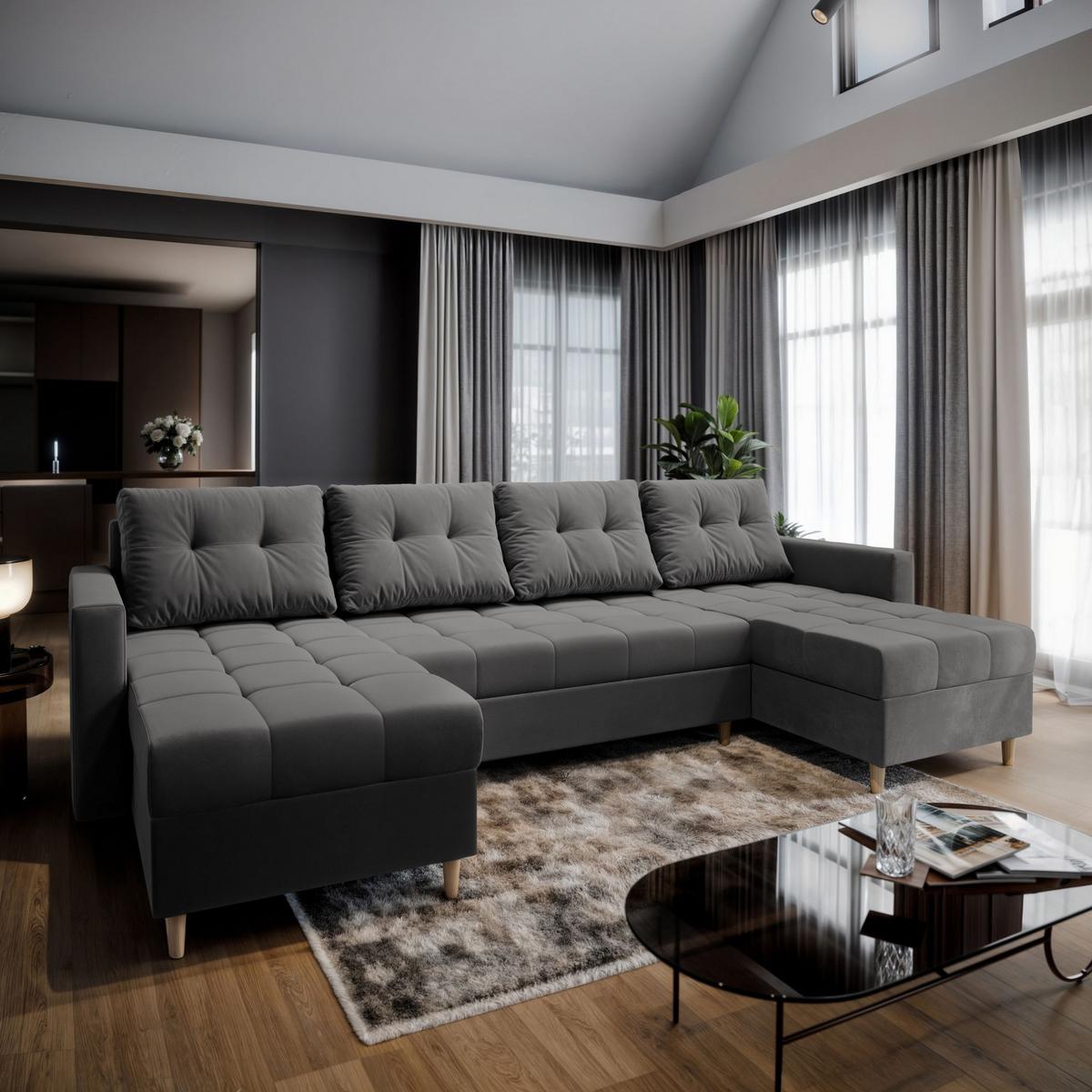 WOHNLANDSCHAFT MILO U Grau Plüsch-Stoff mit Schlaffunktion - Braun/Grau, Holz/Textil (285/91/140cm) - MASSENO
