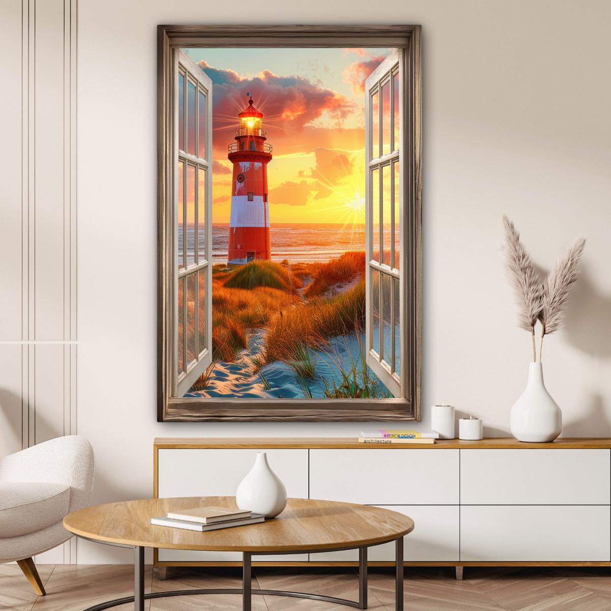 LEINWANDBILD Aussicht - Fenster - Leuchtturm - Sonnenuntergang - Strand Deko XXL 80x120 cm - Dunkelorange, Textil (80/120cm) - MuchoWow
