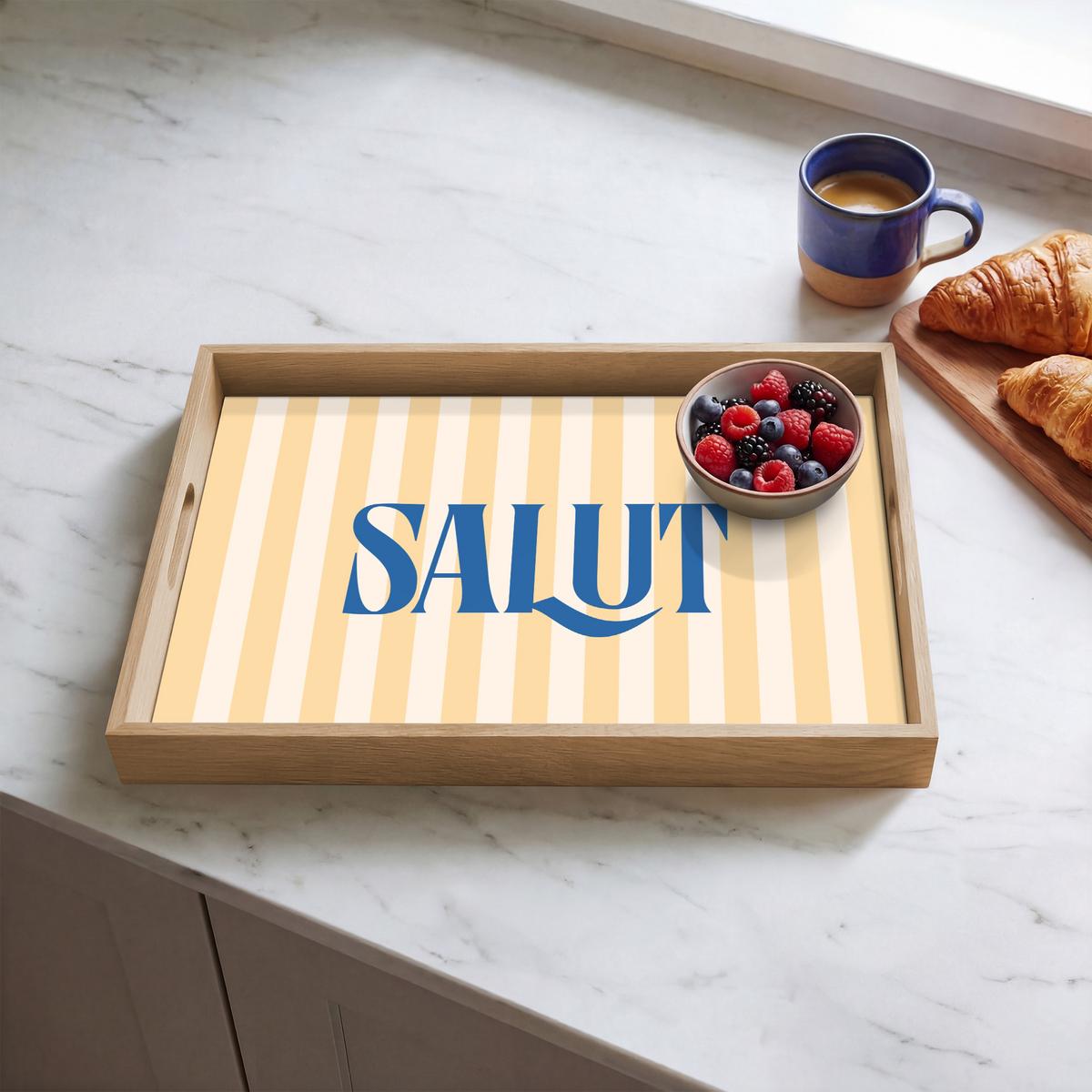 TABLETT Salut - Zitat - Streifen - Gelb - Blau - Weiß 50x35 cm - Beige, Holz (50/5/5cm) - OnlyWow