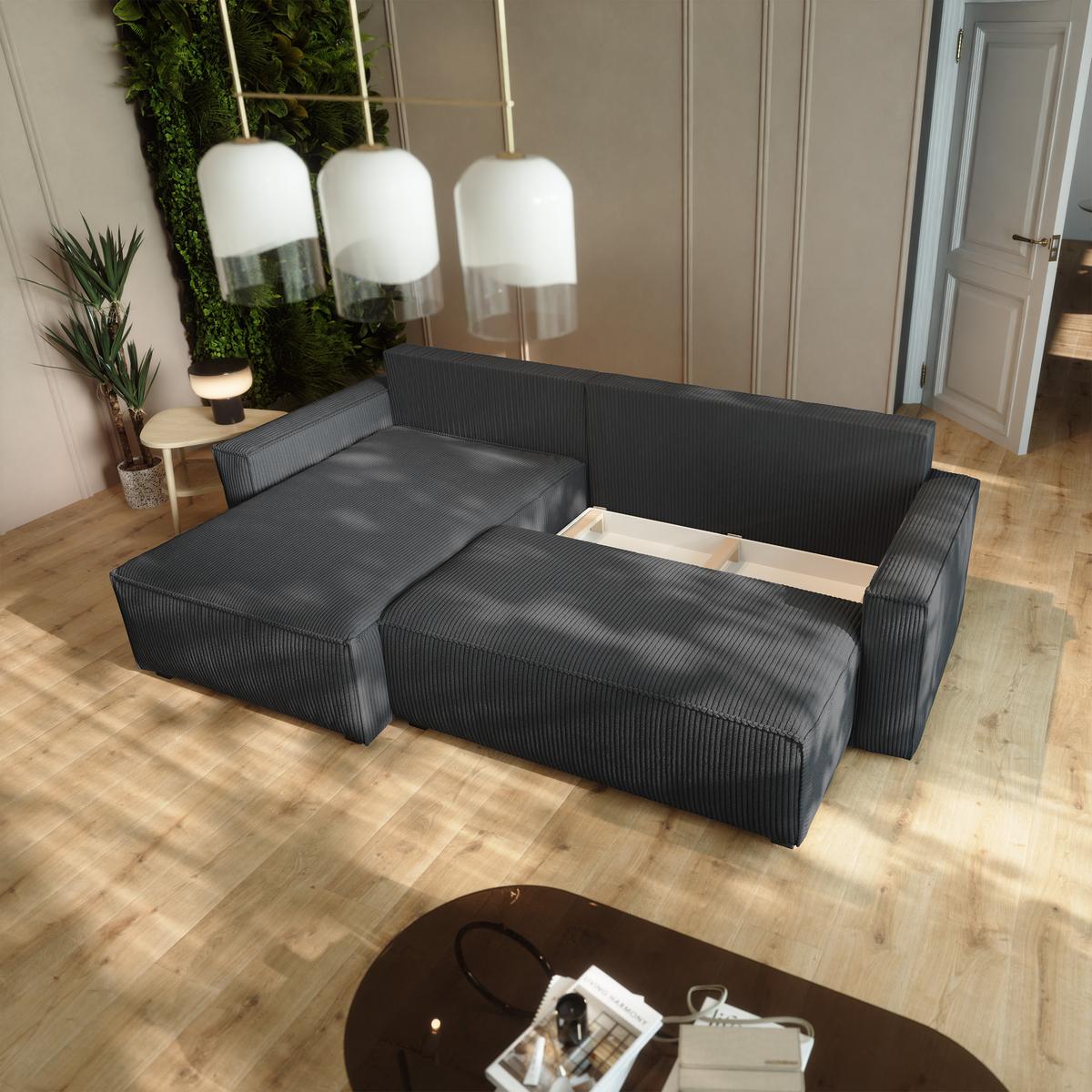 ECKSOFA BESMIR Graphitfarben Kordstoff mit Schlaffunktion - Graphitfarben, Holz (275/148cm) - MASSENO
