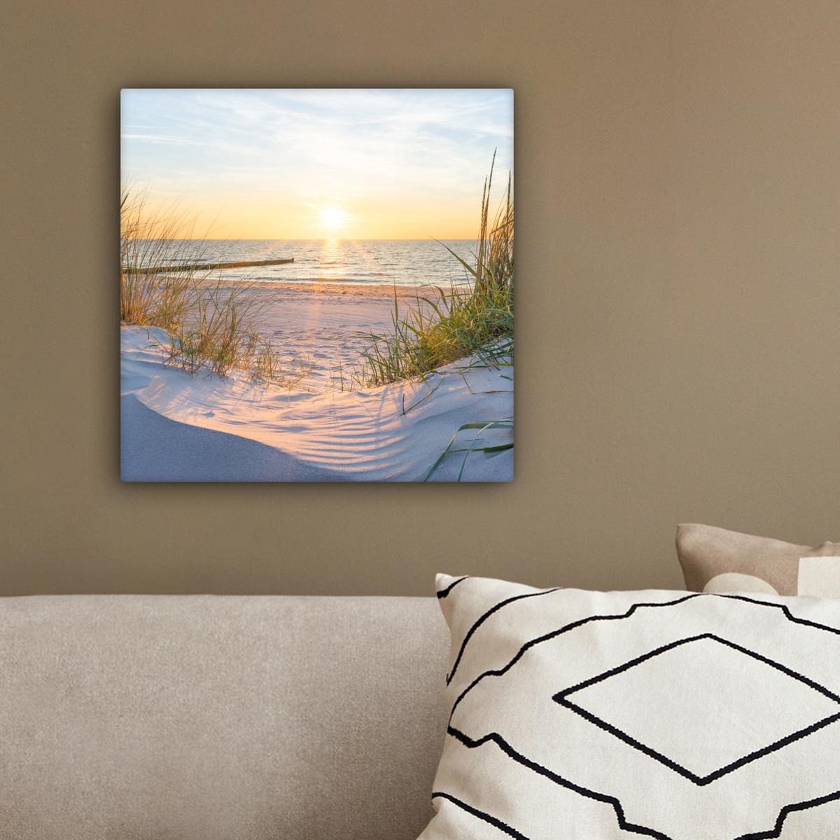 LEINWANDBILD Strand - Sonne - Düne - Gras - Sand - Horizont Deko Wohnzimmer 20x20 cm - Hellblau, Textil (20/20cm) - MuchoWow