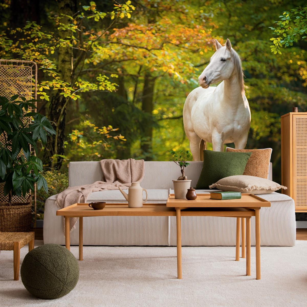 FOTOTAPETE für Schlafzimmer Weißes Pferd Wald Bäume Blätter 100x70 - Gelb/Beige, Papier (100/70cm) - Muralo