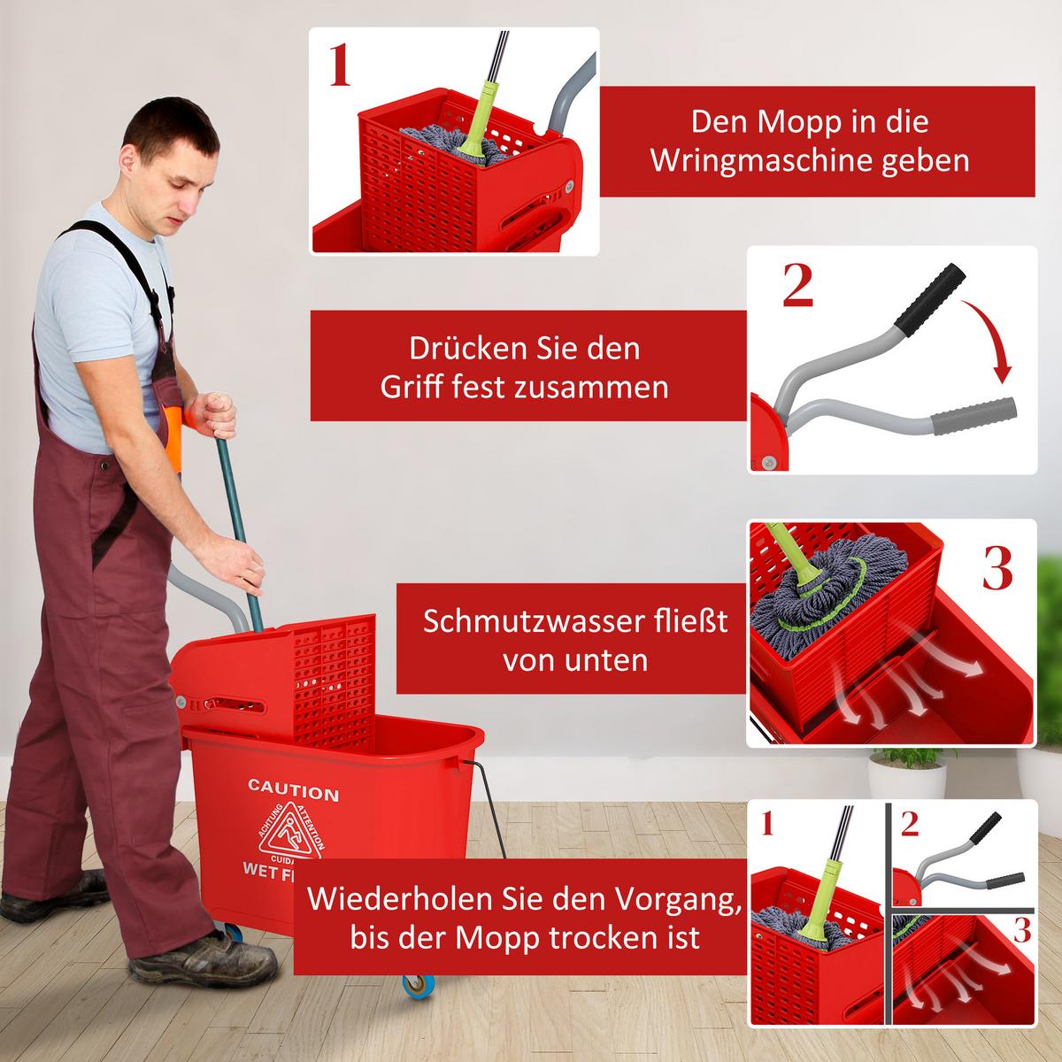 HOMCOM Kompakter Wischeimer mit Wringer und Rollen für die Bodenreinigung, 20 Liter, Separates schmutziges und sauberes Wasser, Rot - Rot, Kunststoff (27/70.5/60cm) - HOMCOM