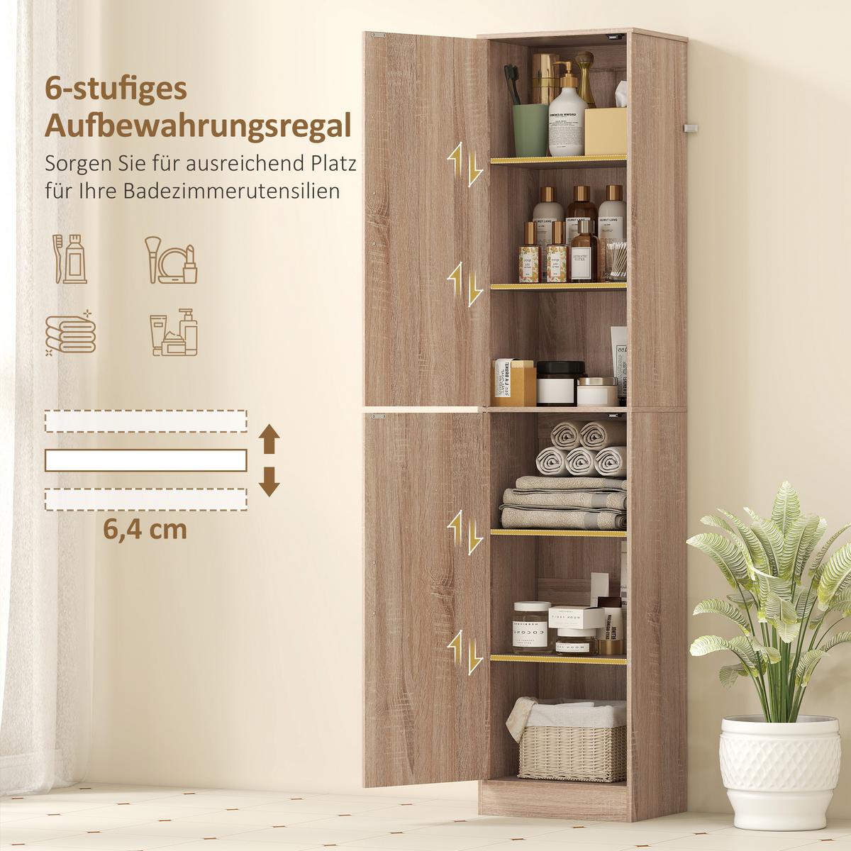 BADEZIMMERSCHRANK Badschrank Hochschrank schmal mit 2 Türen Verstellbare Regale - Silberfarben/Naturfarben, Holzwerkstoff/Metall (35/180/40cm) - HOMCOM