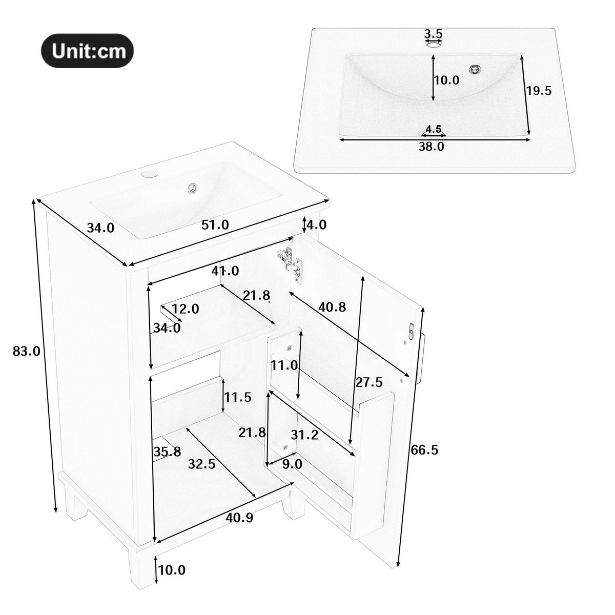 WASCHTISCH mit Unterschrank Weiß 51cm Standschrank mit Keramikbecken - Weiß, Holzwerkstoff (51/83/34cm) - Urban Meuble