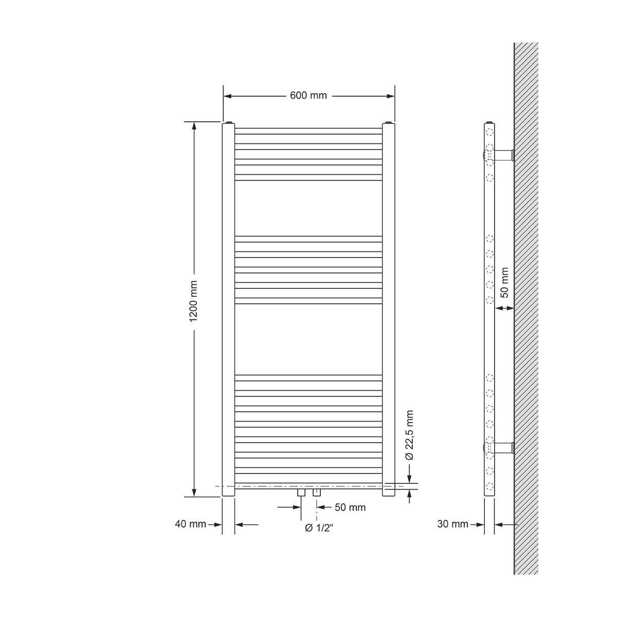 BADHEIZKÖRPER Sahara 600x1200 mm Weiß gerade mit Mittelanschluss - Weiß, Metall (60/120/3cm) - LuxeBath