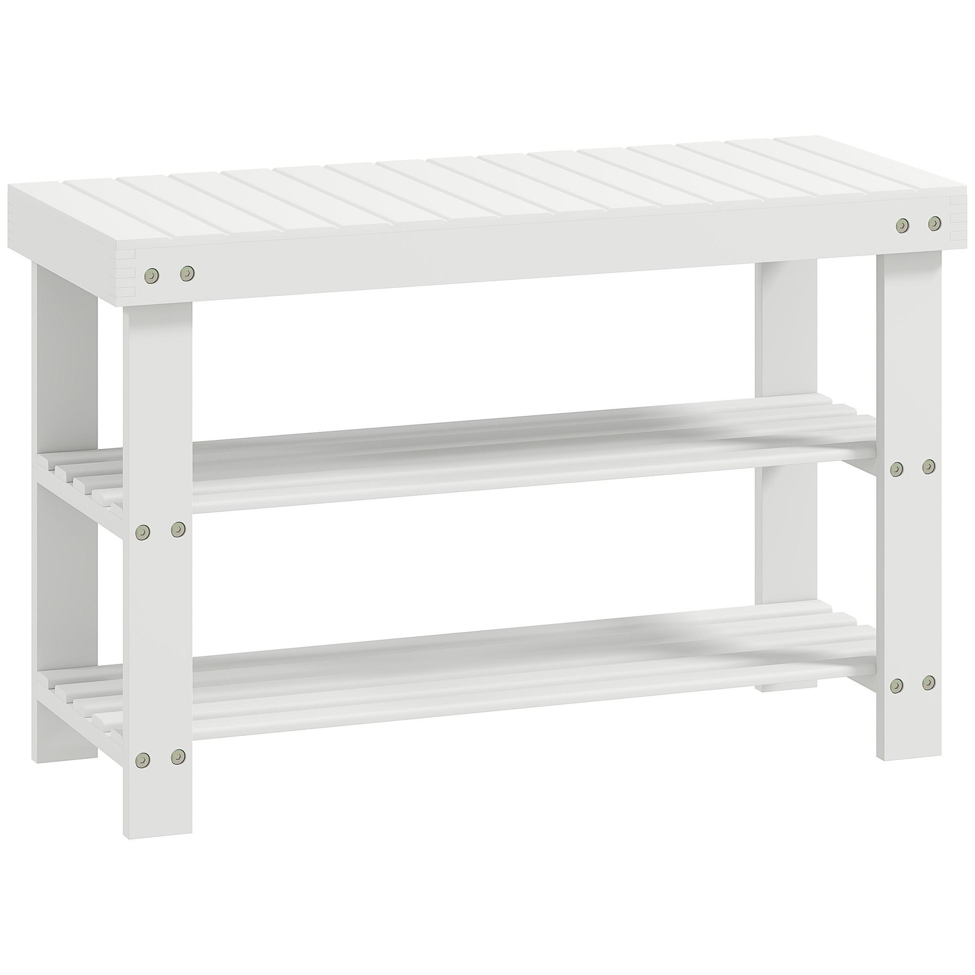 SCHUHBANK aus Bambus mit 2 Ablagen, Sitzbank mit Stauraum 70x28x45 cm, Weiß - Weiß, Naturmaterialien (28/45/70cm) - HOMCOM
