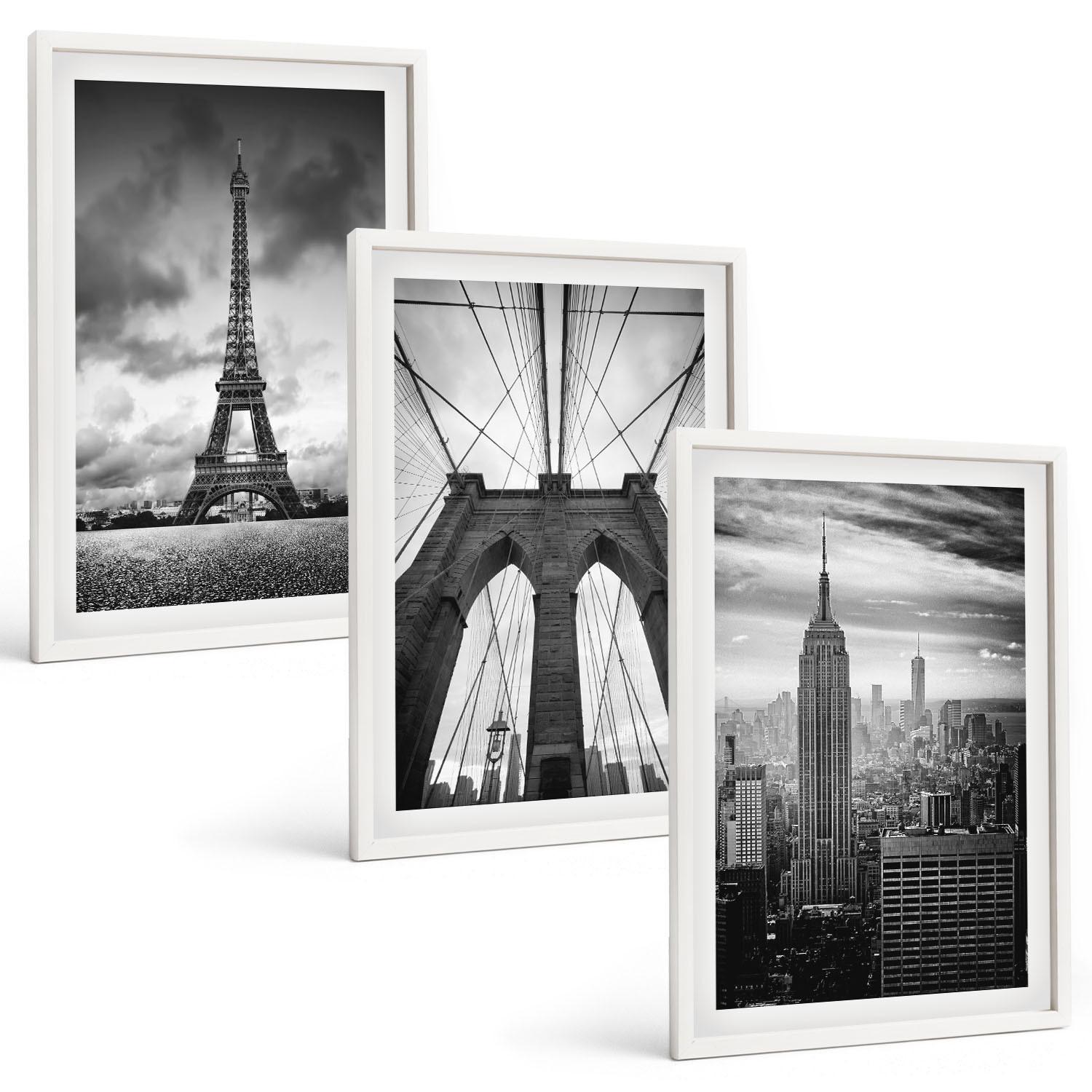 BILDER SET 3er Set - 40x60 cm Weißer Rahmen - Monochromatische Brückentürme - Weiß, Kunststoff (40/60cm) - TULUP