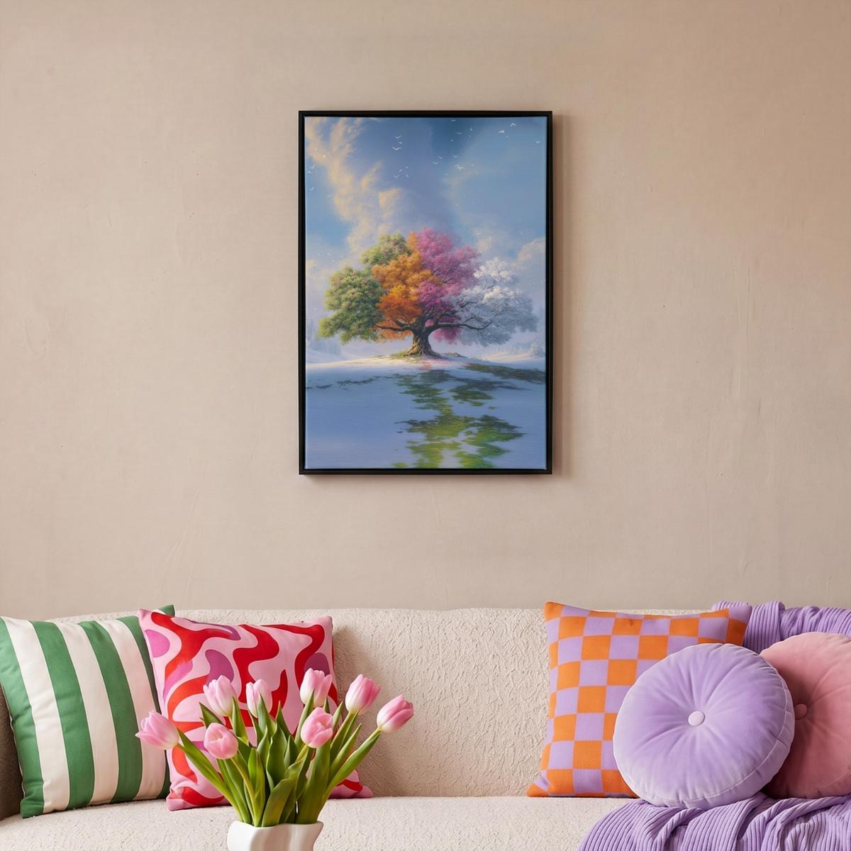 LEINWAND Bilder mit Rahmen - Baum - Jahreszeiten - Winter - Landschaft - 40x60 - Multicolor, Textil (40/60cm) - MuchoWow