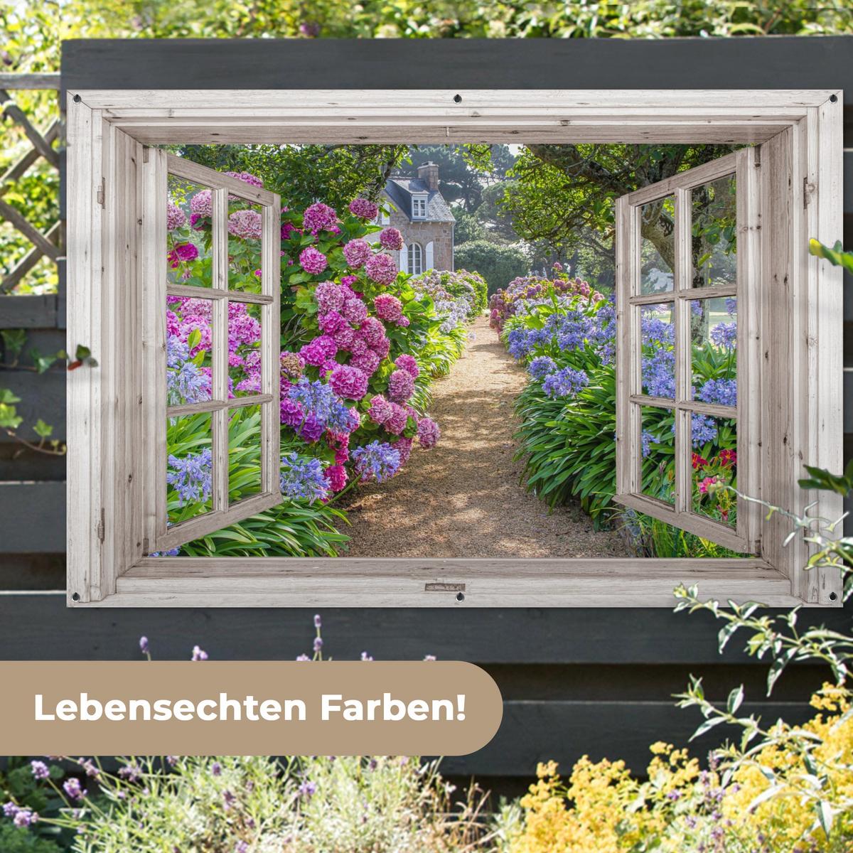 GARTENPOSTER Hortensie - Durchsichtig - Blumen - Sommer - Lila - Weg Poster für draußen 180x120 cm - Grün, Kunststoff (180/120/0.2cm) - OnlyWow