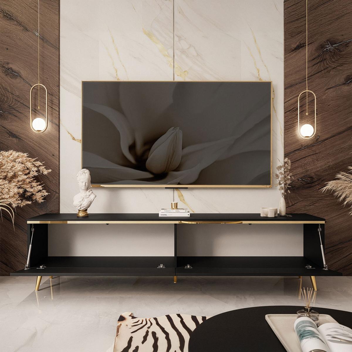 TV-LOWBOARD AURORA Schwarz Matt mit gerade Goldchrom Fuße - Goldfarben/Schwarz, Holzwerkstoff/Metall (180/45/40cm) - Lookway