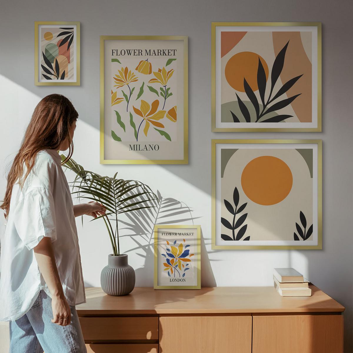 BILDER SET 5er Set - 50x50 cm & 20x30 cm & 40x60 cm Goldrahmen - Abstrakte geometrische Formen - Goldfarben, Kunststoff (40/60cm) - TULUP