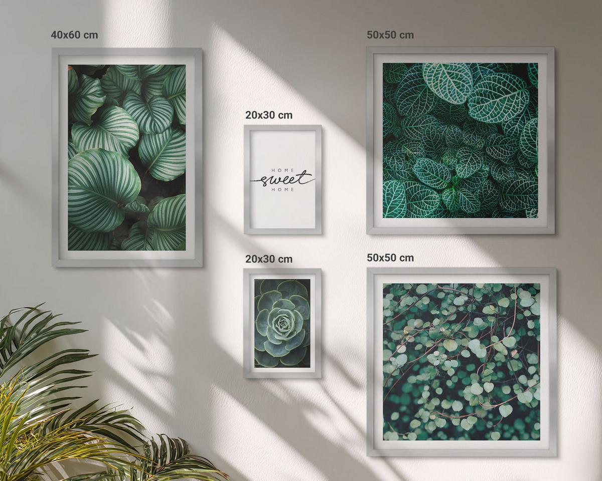 BILDER SET 5er Set - 50x50 cm & 20x30 cm & 40x60 cm Silberner Rahmen - Wellen, Sand, Wasser, Steine, Strand - Silberfarben, Kunststoff (40/60cm) - TULUP