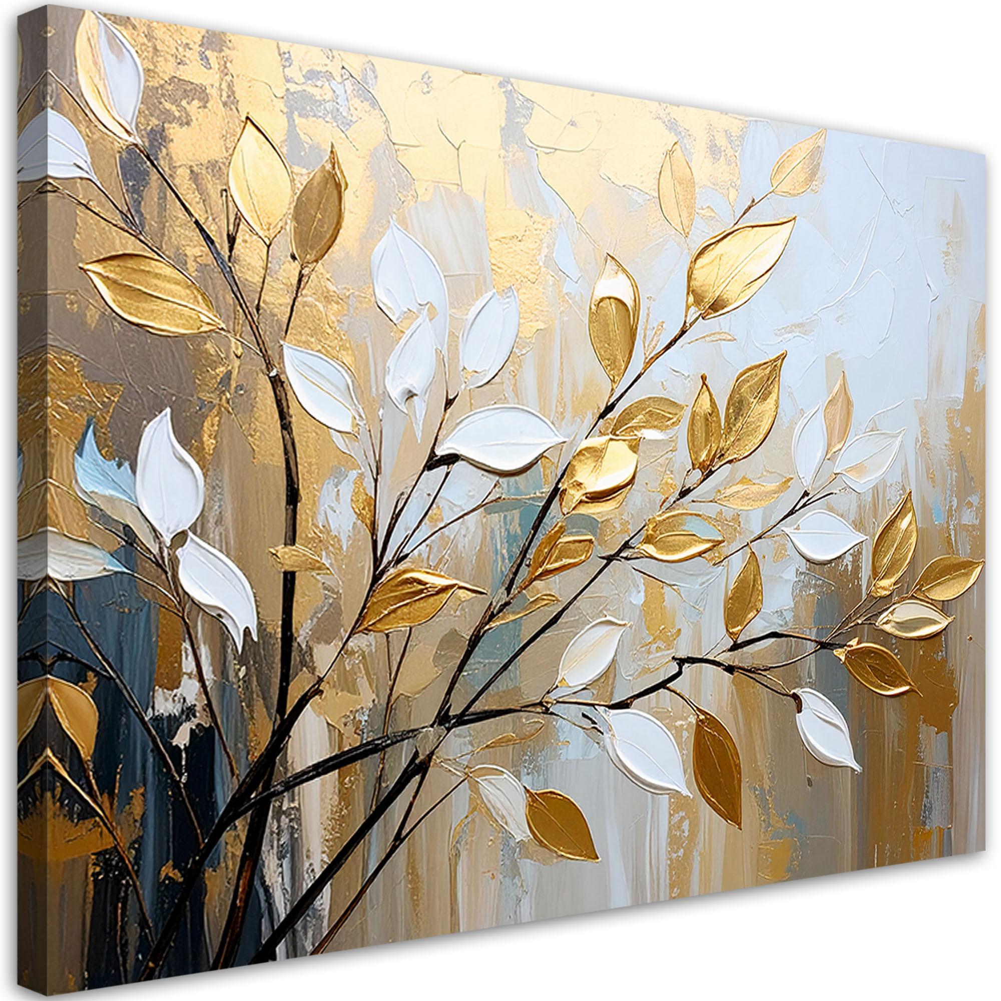 LEINWANDBILD Glamour Goldene Blätter Zweige 100x70cm - Beige, Textil (100/70cm) - Feeby