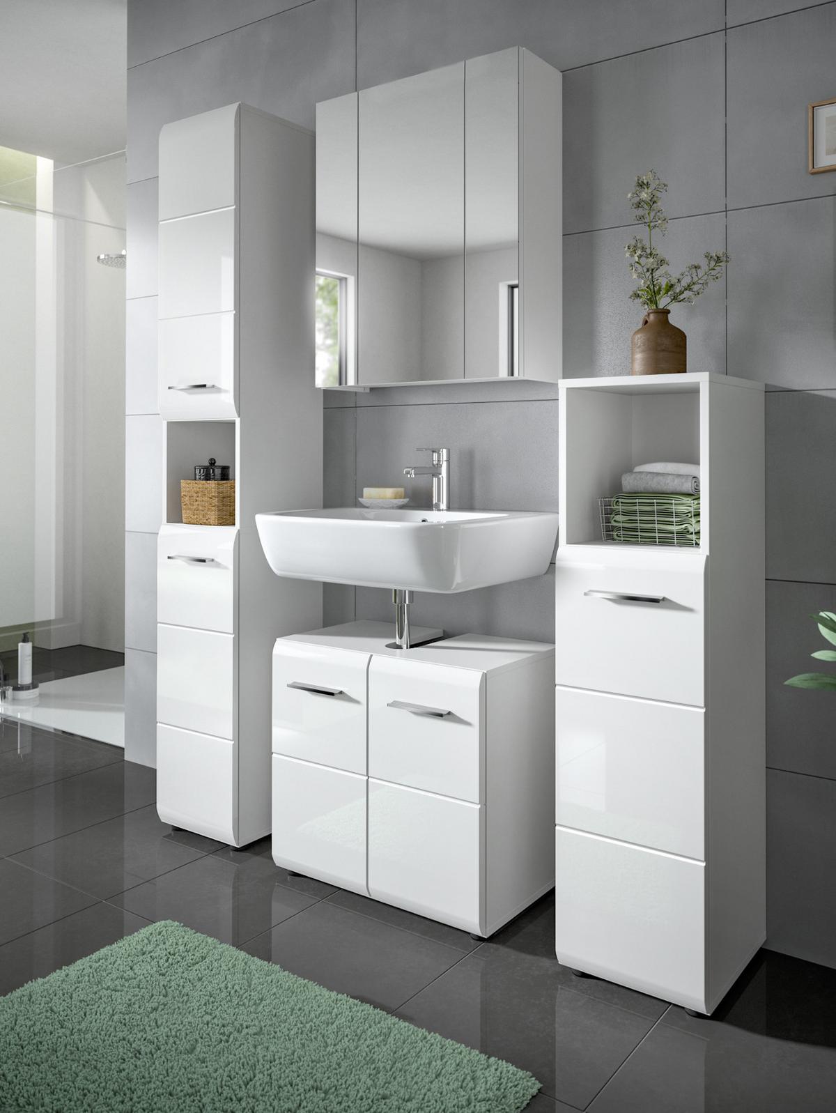 BADKOMMODE weiß Hochglanz, Badezimmer Kommode 30 x 110 cm - Weiß Hochglanz/Silberfarben, Holzwerkstoff/Kunststoff (30/110/30cm) - Inn.Furn