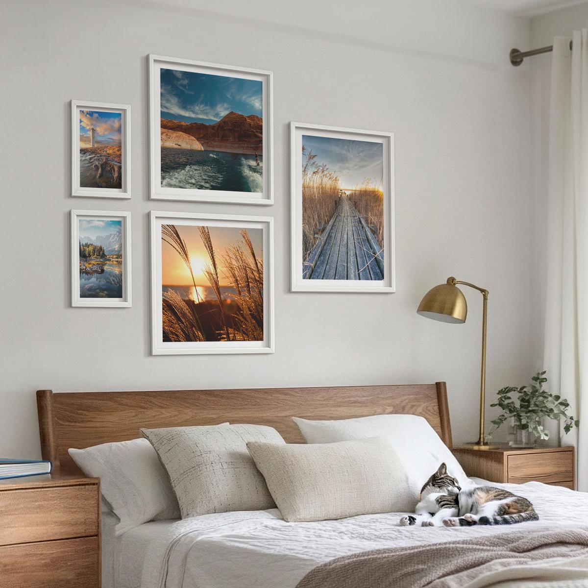 BILDER SET 5er Set - 50x50 cm & 20x30 cm & 40x60 cm Weißer Rahmen - Leuchtturm-Grassteg - Weiß, Kunststoff (40/60cm) - TULUP