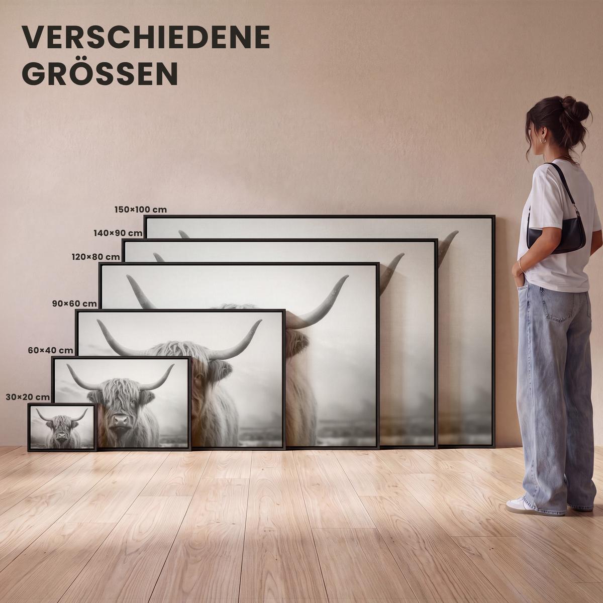 LEINWAND Bilder mit Rahmen - Schottischer Highlander - Nebel - Schwarz - Weiß - 150x100 - Grau, Textil (150/100cm) - MuchoWow