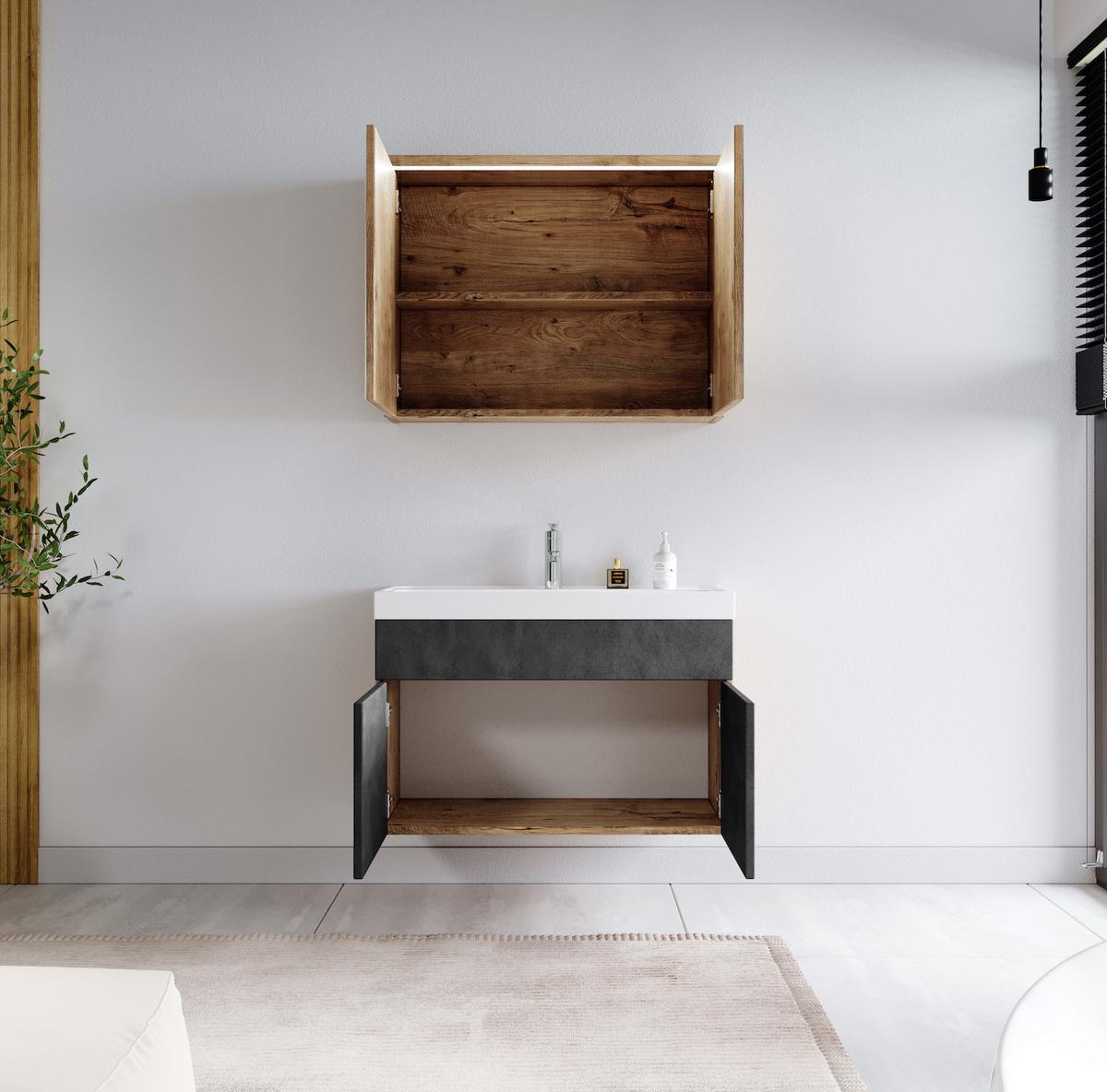 BADMÖBEL-SET Paso 3 Teile Kastanien Eiche / Grau - 80 x 35 x 55 cm - Eichefarben/Grau, Holz (80/55/40cm) - Badplaats