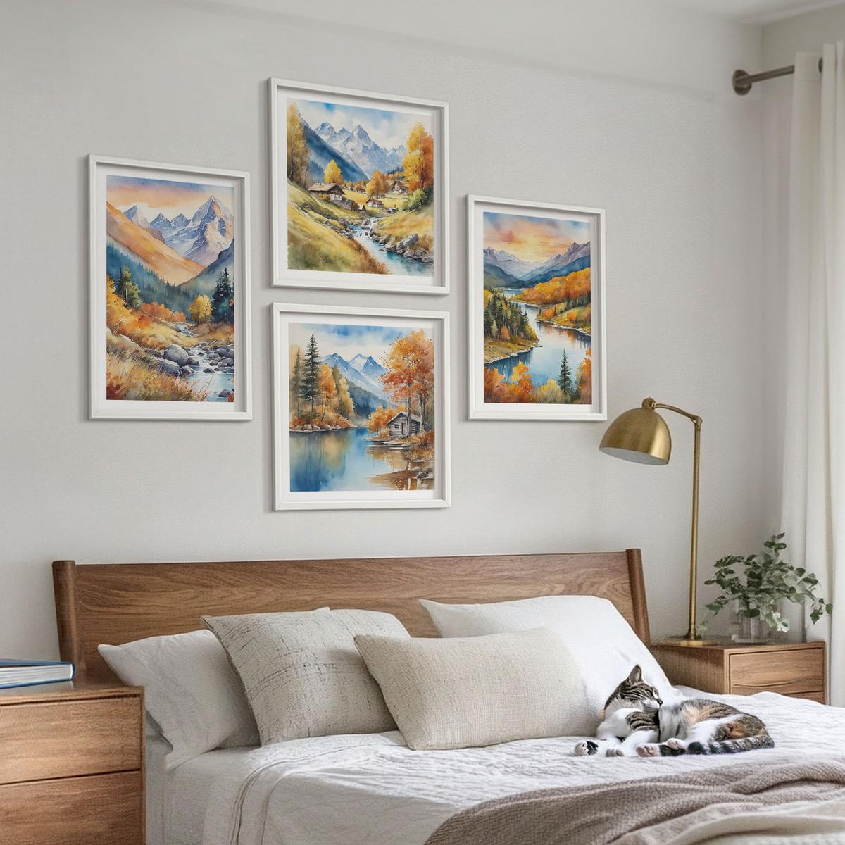 BILDER SET 4er Set - 50x50 cm & 40x60 cm Weißer Rahmen - Berglandschaft mit einem Fluss - Weiß, Kunststoff (50/50cm) - TULUP