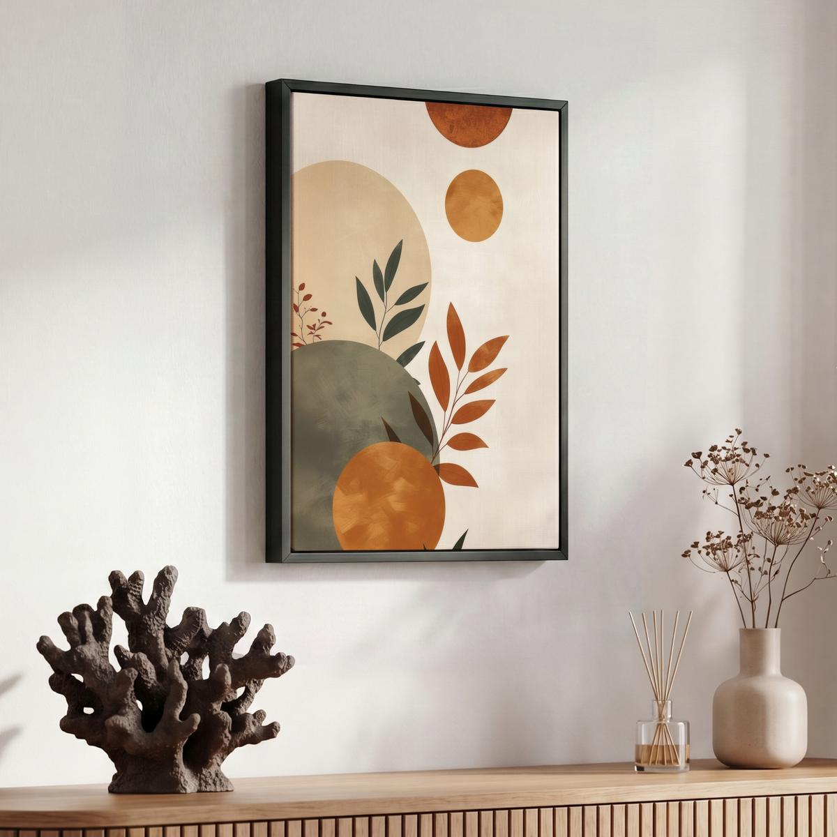 LEINWAND Bilder mit Rahmen - Formen - Rund - Blätter - Beige - 30x40 - Rostfarben, Textil (30/40cm) - MuchoWow