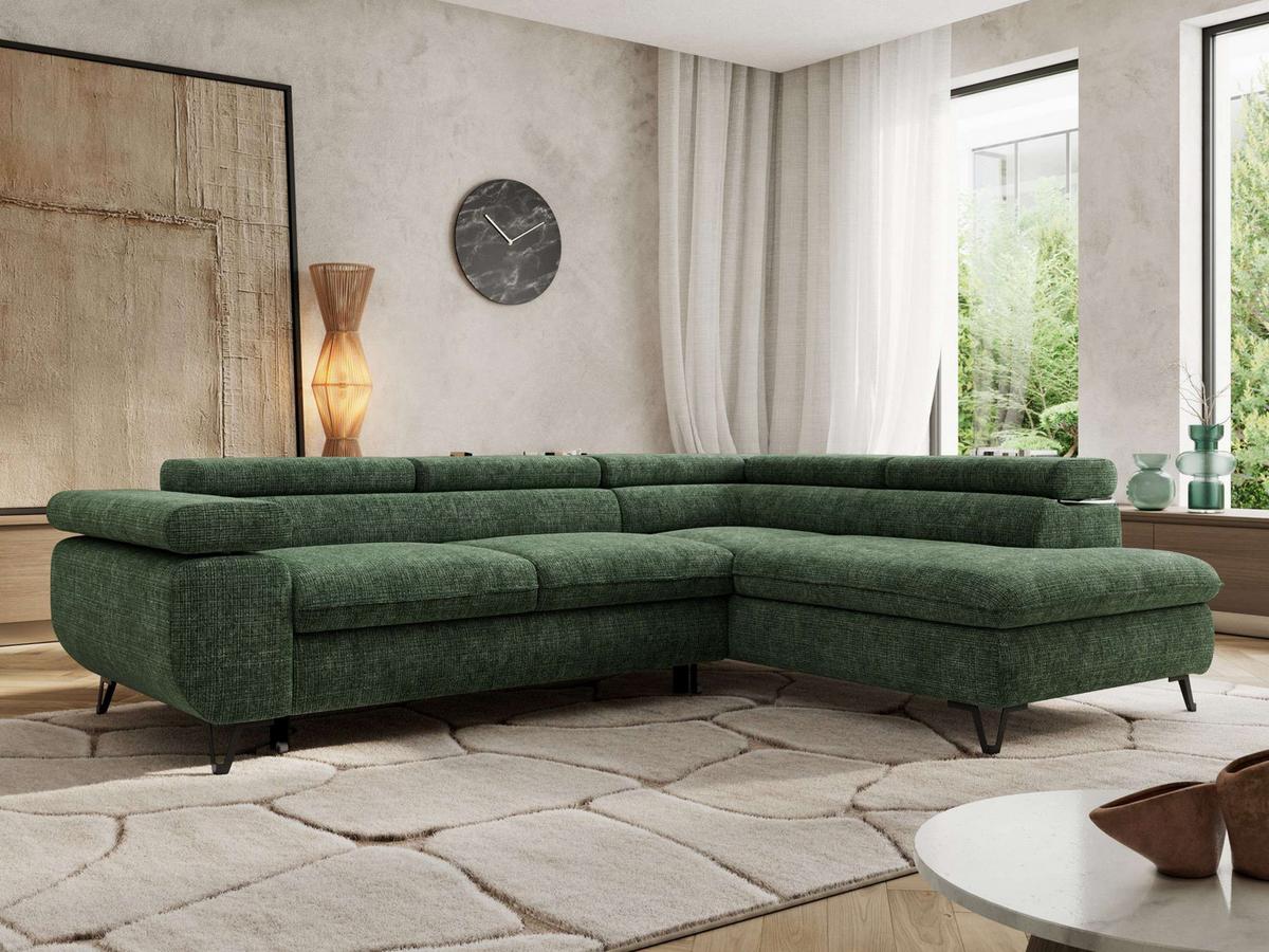 ECKSOFA PABLO L Dunkelgrün Schenille grob gewebt - Rechts Seite - Dunkelgrün/Schwarz, Textil/Metall (273/208cm) - MKS