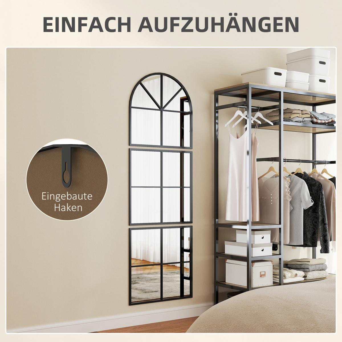 WANDSPIEGEL dreiteilig, bogenförmiger Spiegel mit Metallrahmen Hängespiegel - Schwarz, Glas (2/180/60cm) - HOMCOM