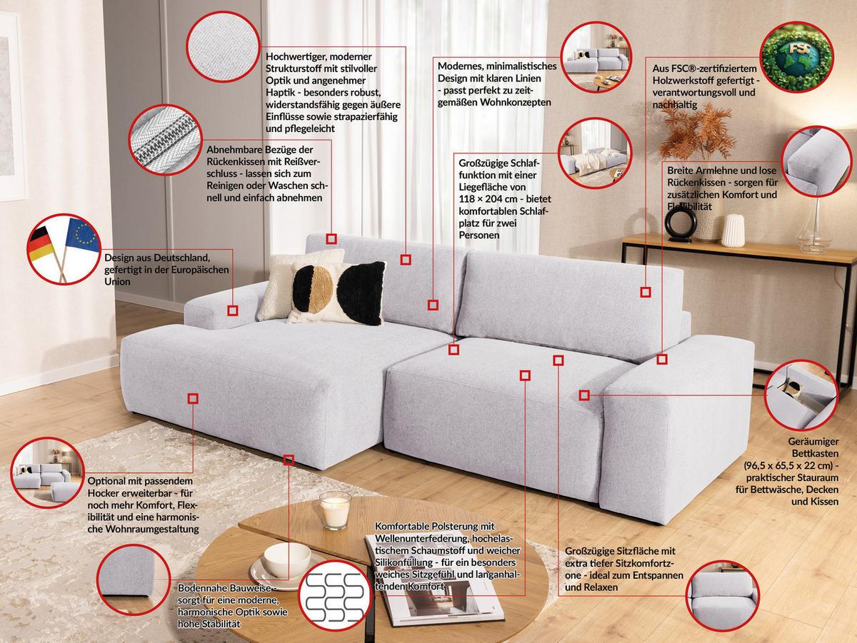 ECKSOFA Lennon aus Greige Strukturstoff mit Schlaffunktion und Bettkasten - Greige/Schwarz, Holz/Kunststoff (137/264cm) - S-Style