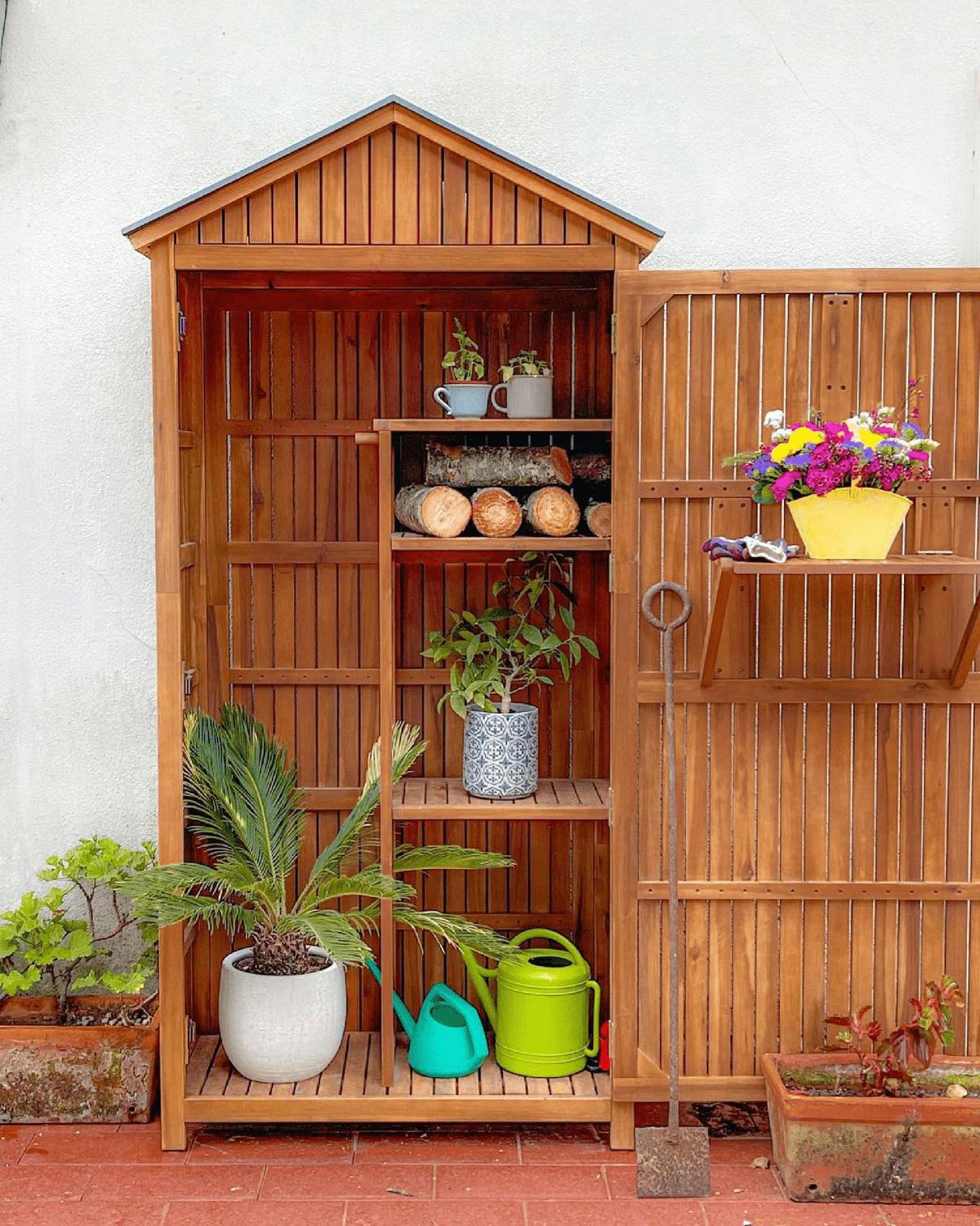 GARTENSCHRANK Akazienholz braun 200/100 cm Savoca - Braun/Grau, Holz (100/200/40cm) - Beliani