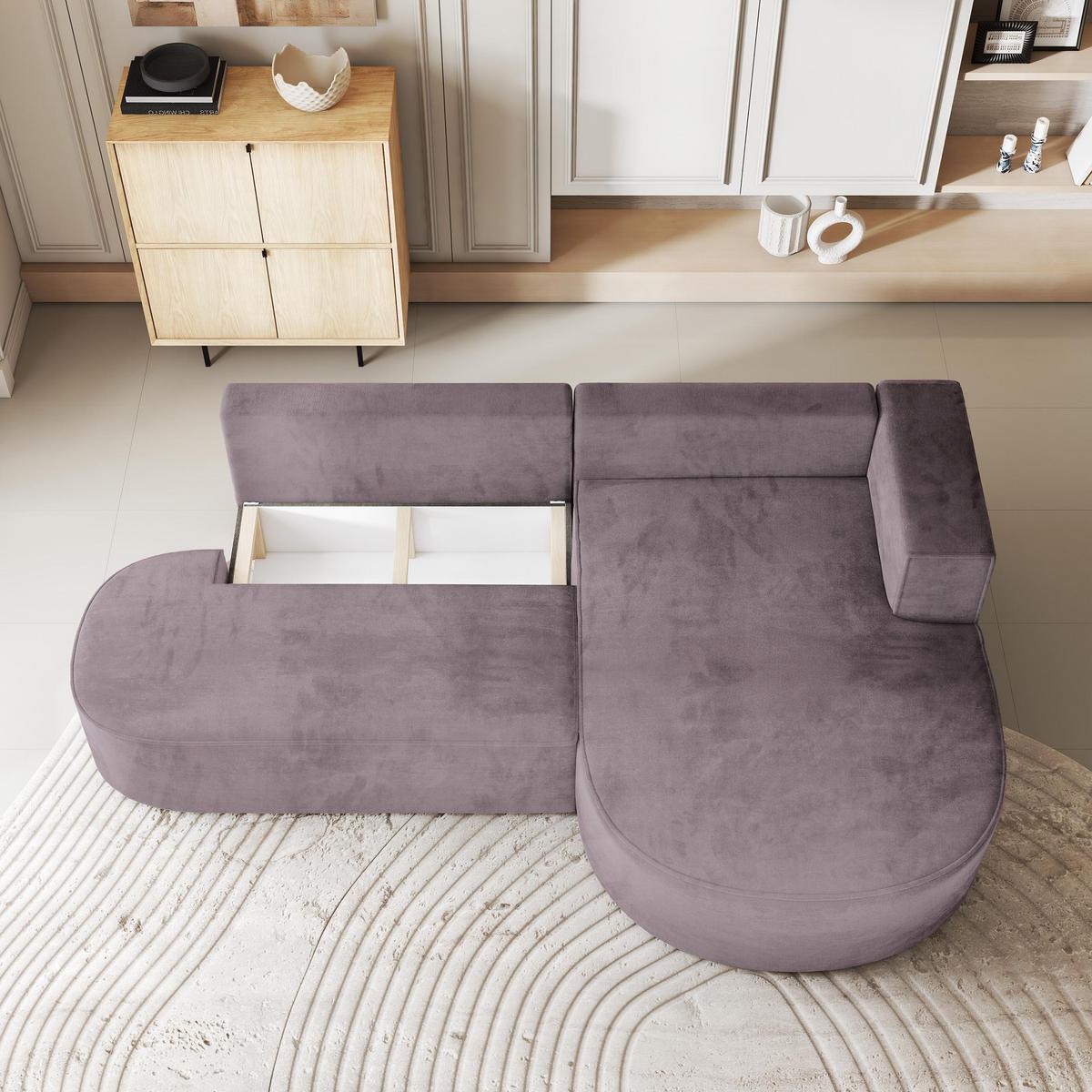 ECKSOFA CORTIO M R-S Lila Velours-Stoff mit Schlaffunktion - Lila/Grau, Holz/Kunststoff (265/174cm) - MASSENO