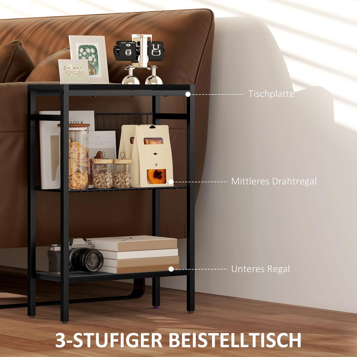 BEISTELLTISCH kleiner Couchtisch mit 2 Ablagen, Stahlrahmen für Wohnzimmer - Schwarz, Karton (43/18/62.5cm) - HOMCOM