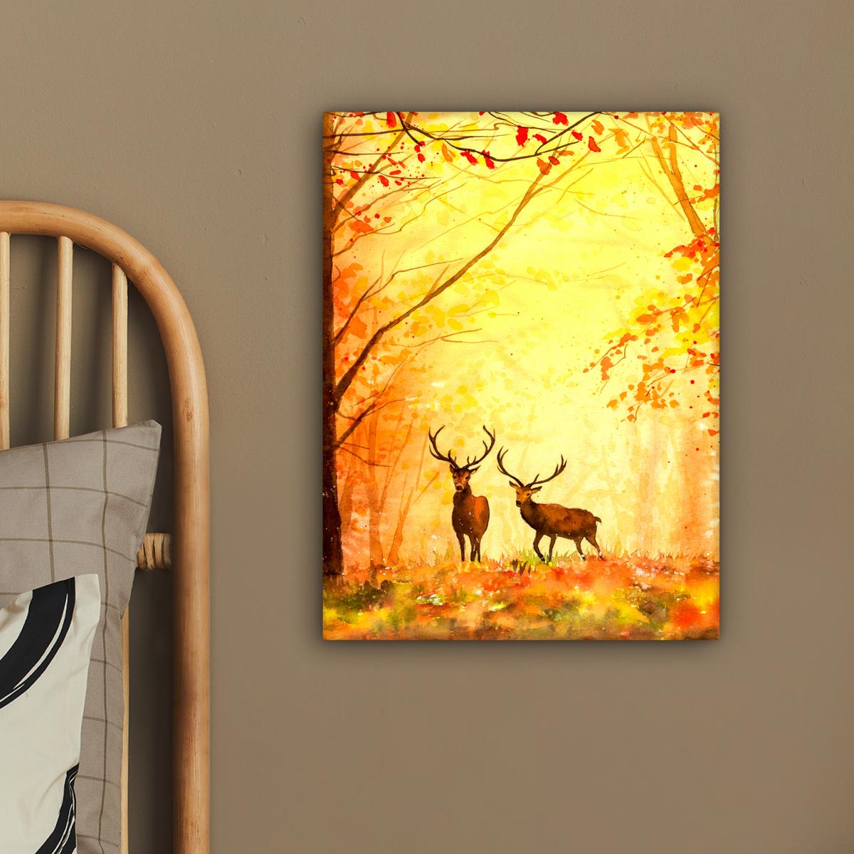 LEINWANDBILD Natur - Ölfarbe - Hirsche - Tiere - Herbst - Orange Room Decor 30x40 cm - Orange, Textil (30/40cm) - MuchoWow