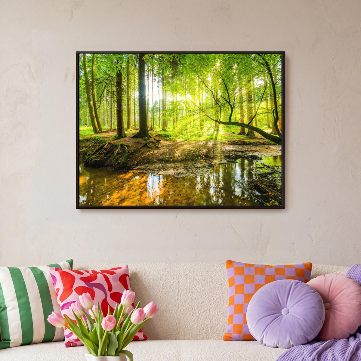 LEINWAND Bilder mit Rahmen - Wald - Landschaft - Wasser - Bäume - Sonne - Grün - Natur - 80x60 - Grün, Textil (80/60cm) - MuchoWow