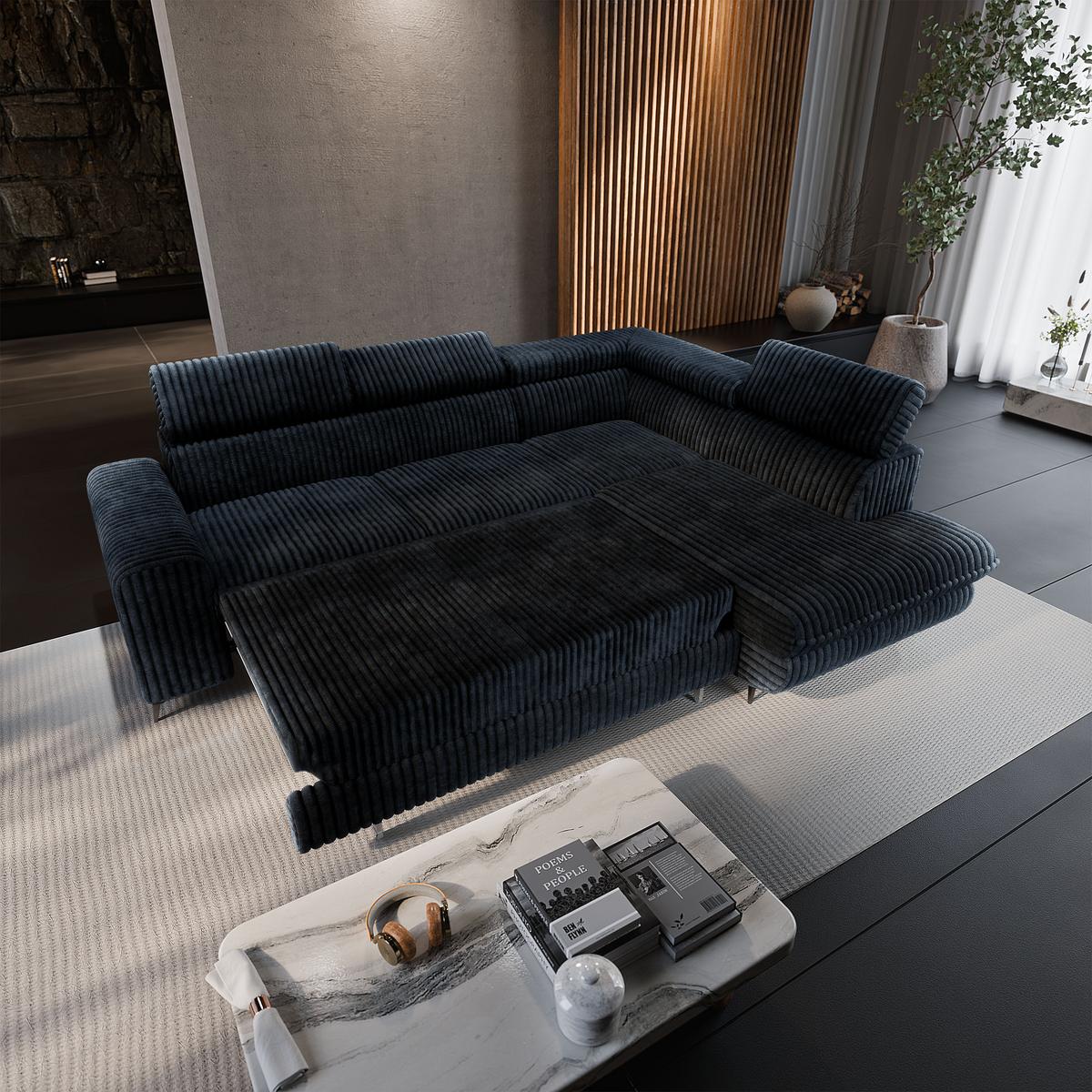 ECKSOFA VELISS Schwarz Kordstoff mit Schlaffunktion - Schwarz, Holz (255/193cm) - MASSENO