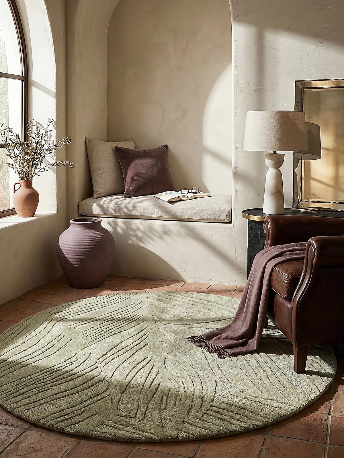 WOLLTEPPICH LEVEN, floral, Grün-Beige, Ø 160 cm - Grün, Textil (160/160cm) - KADIMA DESIGN