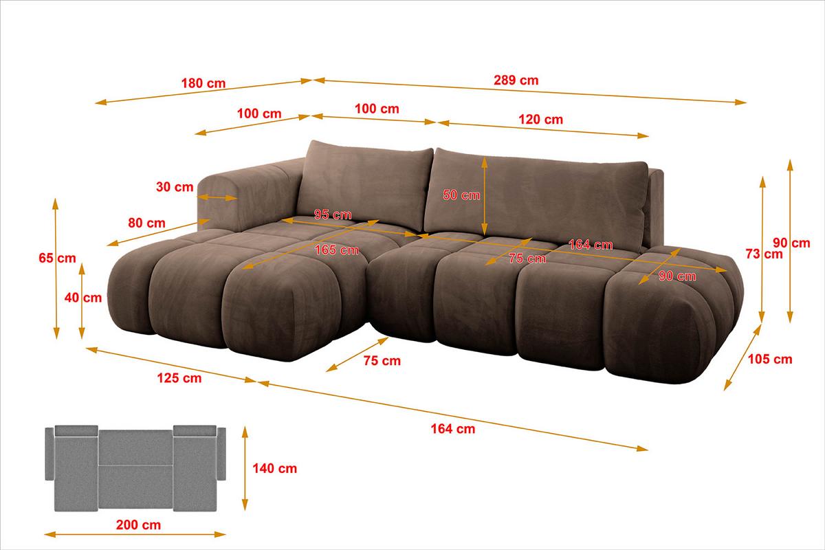 ECKSOFA Ottomane Links CLOUD-L 280x185x90 Braun Velours - Braun, Holzwerkstoff/Kunststoff (180/289cm) - ALTDECOR