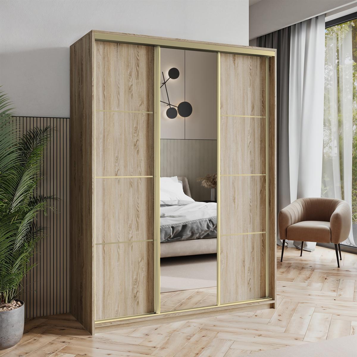 SCHWEBETÜRENSCHRANK VARO 150/205/60 cm 3-türig mit Spiegel Sonoma Eiche - Sonoma Eiche, Holzwerkstoff (150/205/60cm) - MASSENO