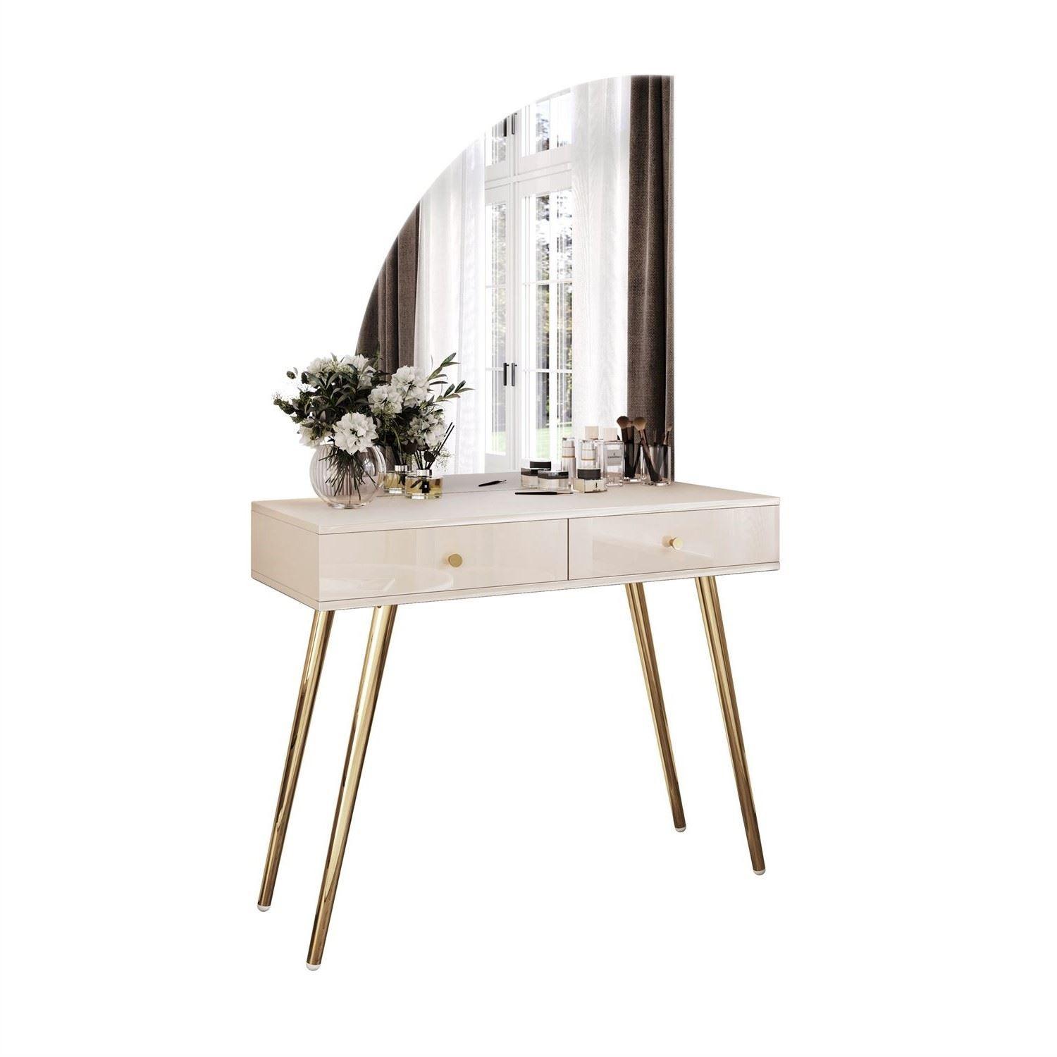 SCHMINKTISCH SIENNA-QS KASCHMIR mit LED-Spiegel Goldgriff - Ecru, Holzwerkstoff (100/81/42cm) - Lookway