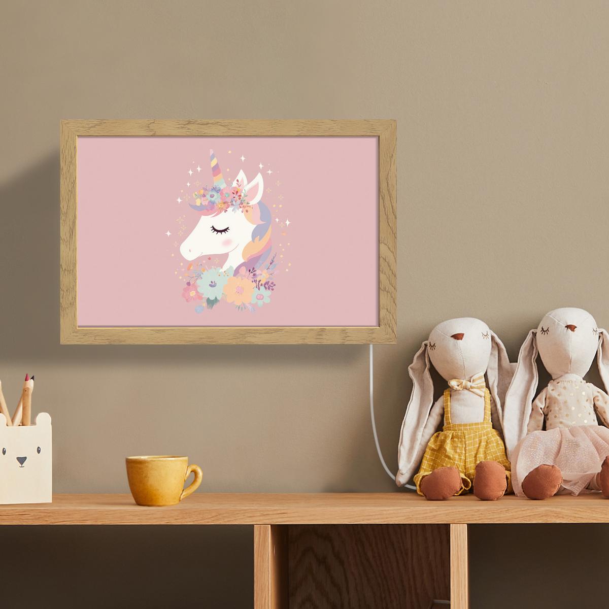 WANDLEUCHTE Einhorn - Rosa - Blumen 30x20 cm - Rosa, Holzwerkstoff (30/20/8cm) - OnlyWow