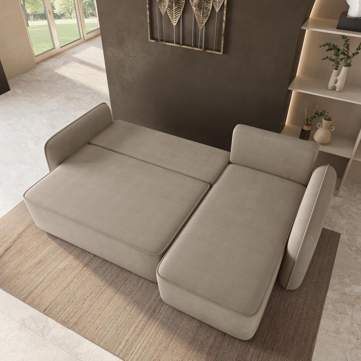 ECKSOFA DOLVER Beige Plüsch-Stoff mit Schlaffunktion - Beige, Holz (238/156cm) - MASSENO