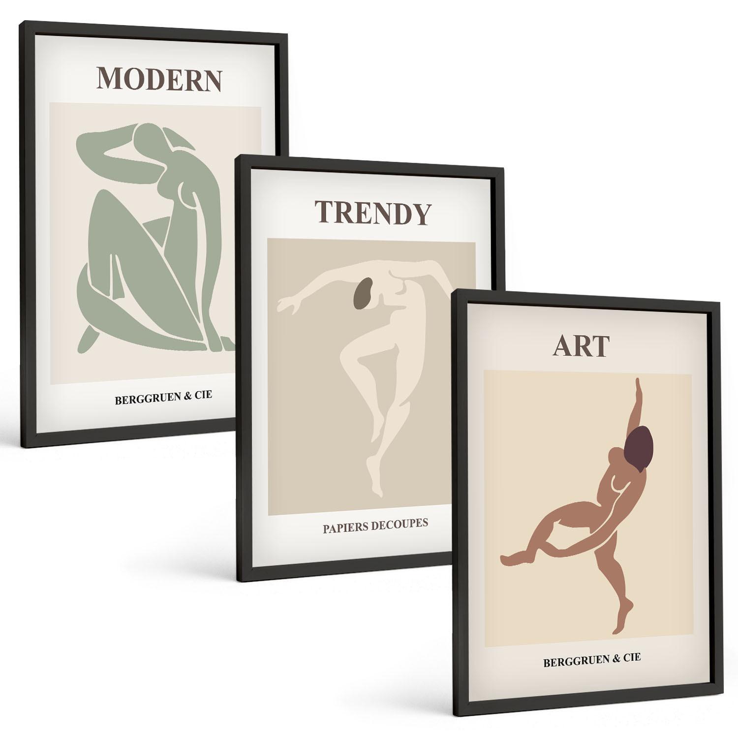 BILDER SET 3er Set - 40x60 cm Schwarzer Rahmen - Stilvolle Charaktere im Minimalismus - Schwarz, Kunststoff (40/60cm) - TULUP
